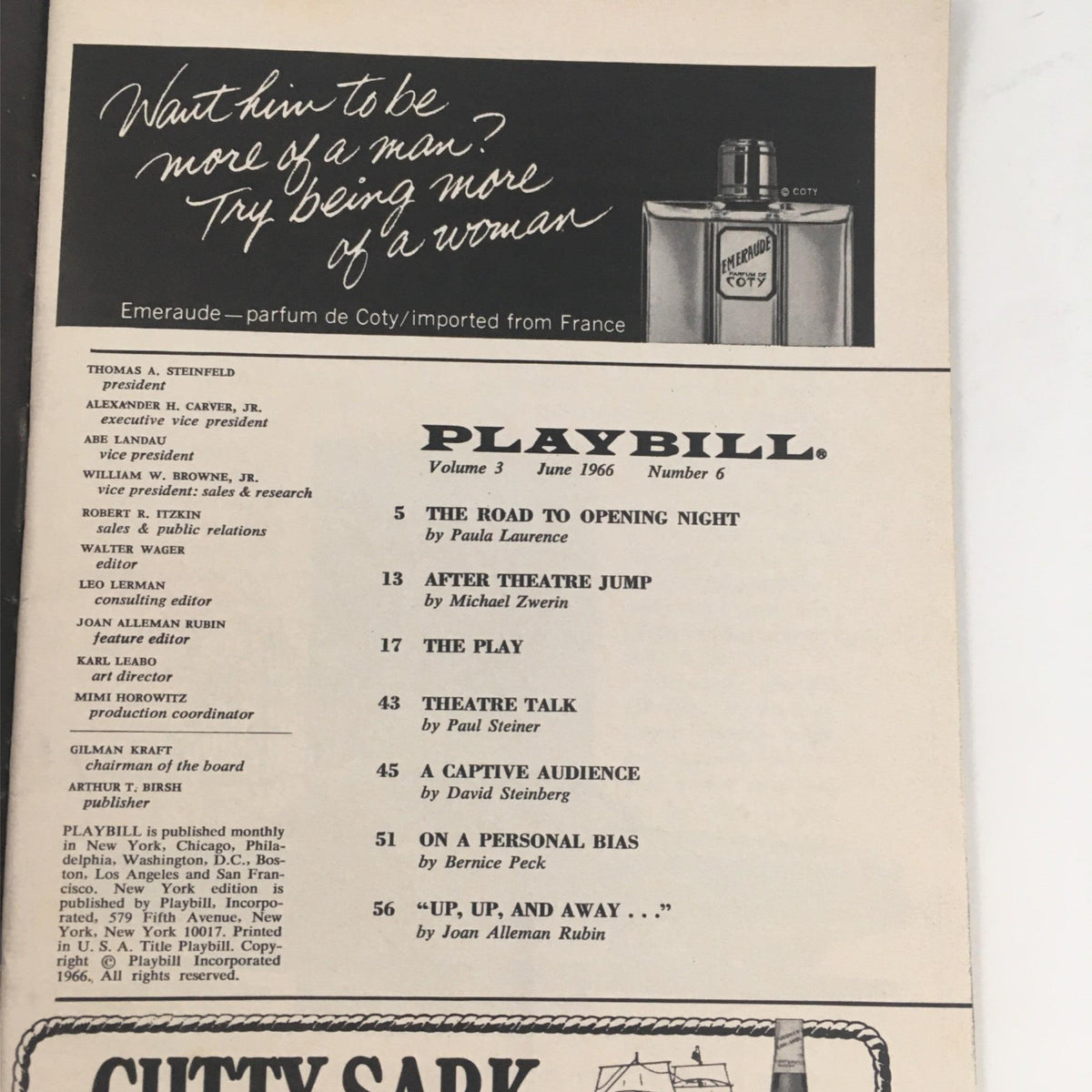 1966 Playbill for "Cactus Flower" showcasing an advertisement and the table of contents, Royale Theatre.