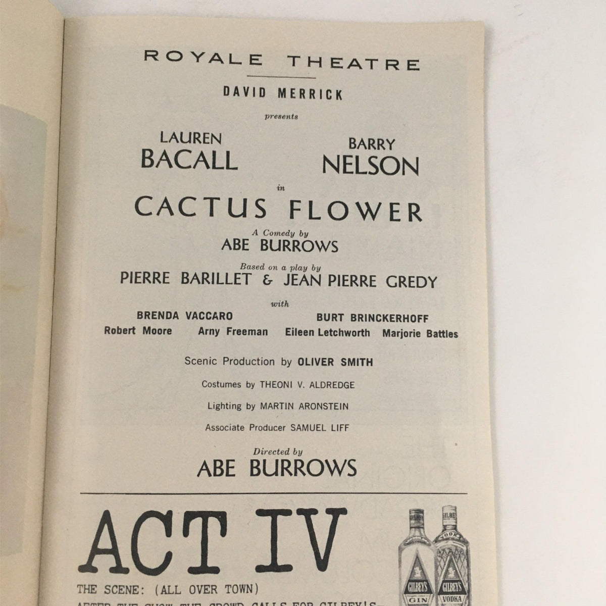 Inside page of the 1966 Playbill for "Cactus Flower" detailing the cast and production information at Royale Theatre.