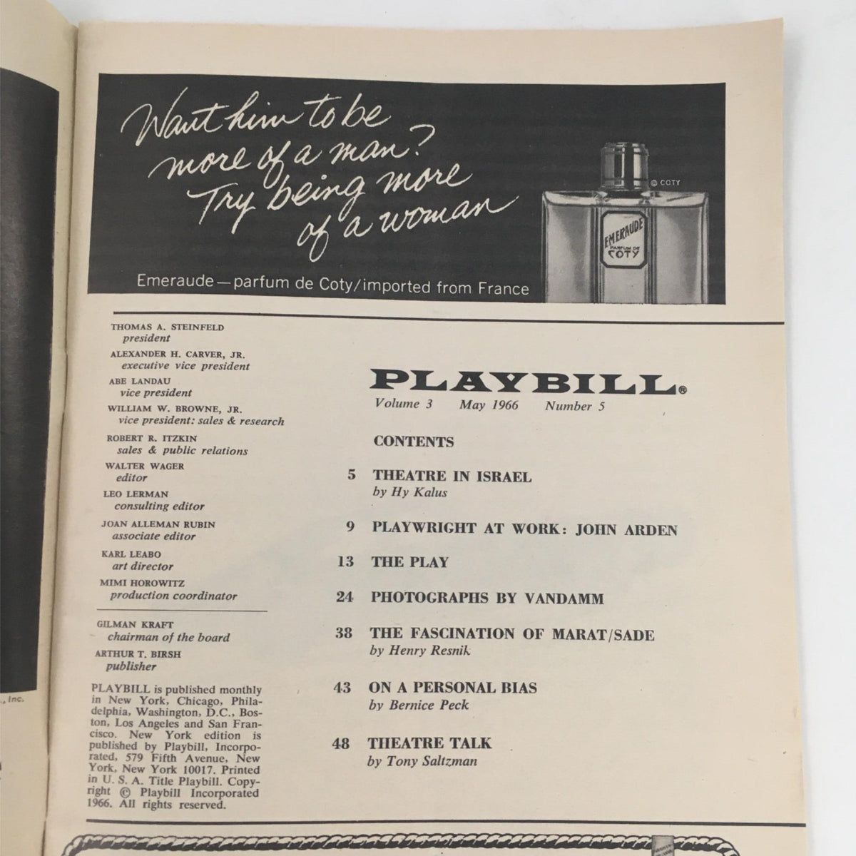 Interior page of the 1966 Playbill A Time For Singing, displaying contents and promotional items, highlighting the publication's connection to Broadway theater.