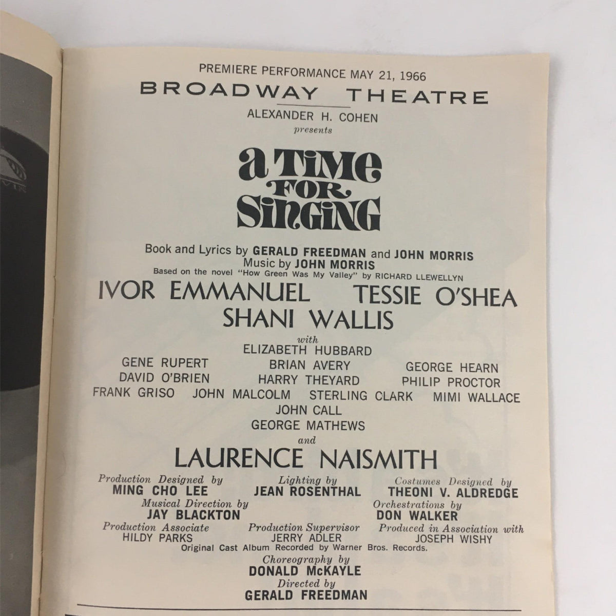 1966 Playbill for 'A Time For Singing' by Gerald Freedman and John Morris, showcasing the premiere performance details and creative team, featuring the names Ivor Emmanuel, Tessie O'Shea, and Shani Wallis, set at Broadway Theatre.