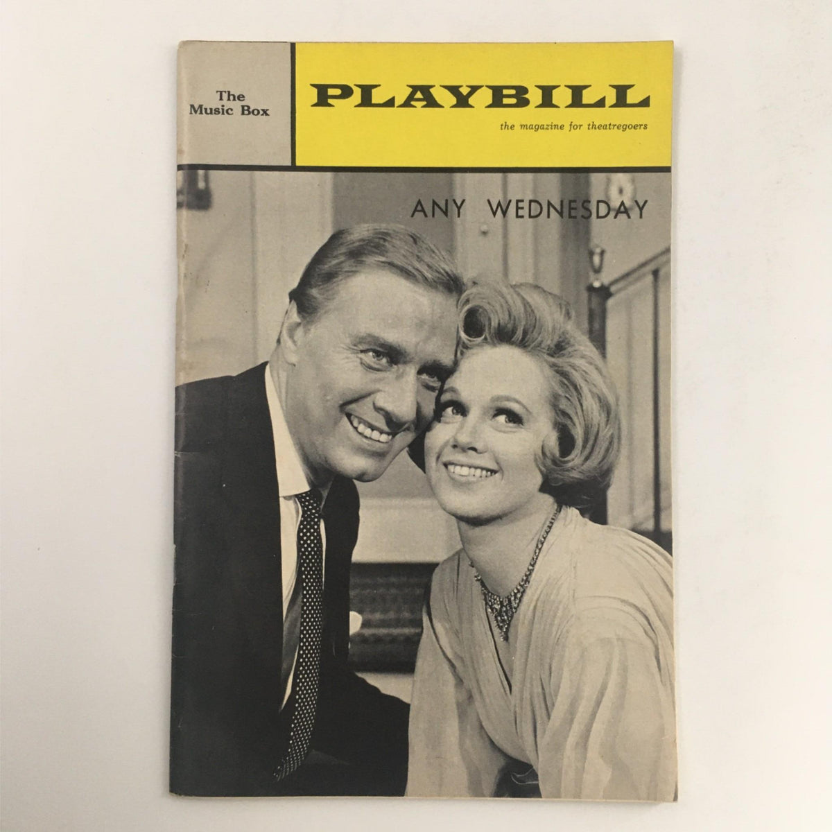 1966 Playbill for 'Any Wednesday' featuring a black and white photo of two smiling cast members, from The Music Box Theatre.