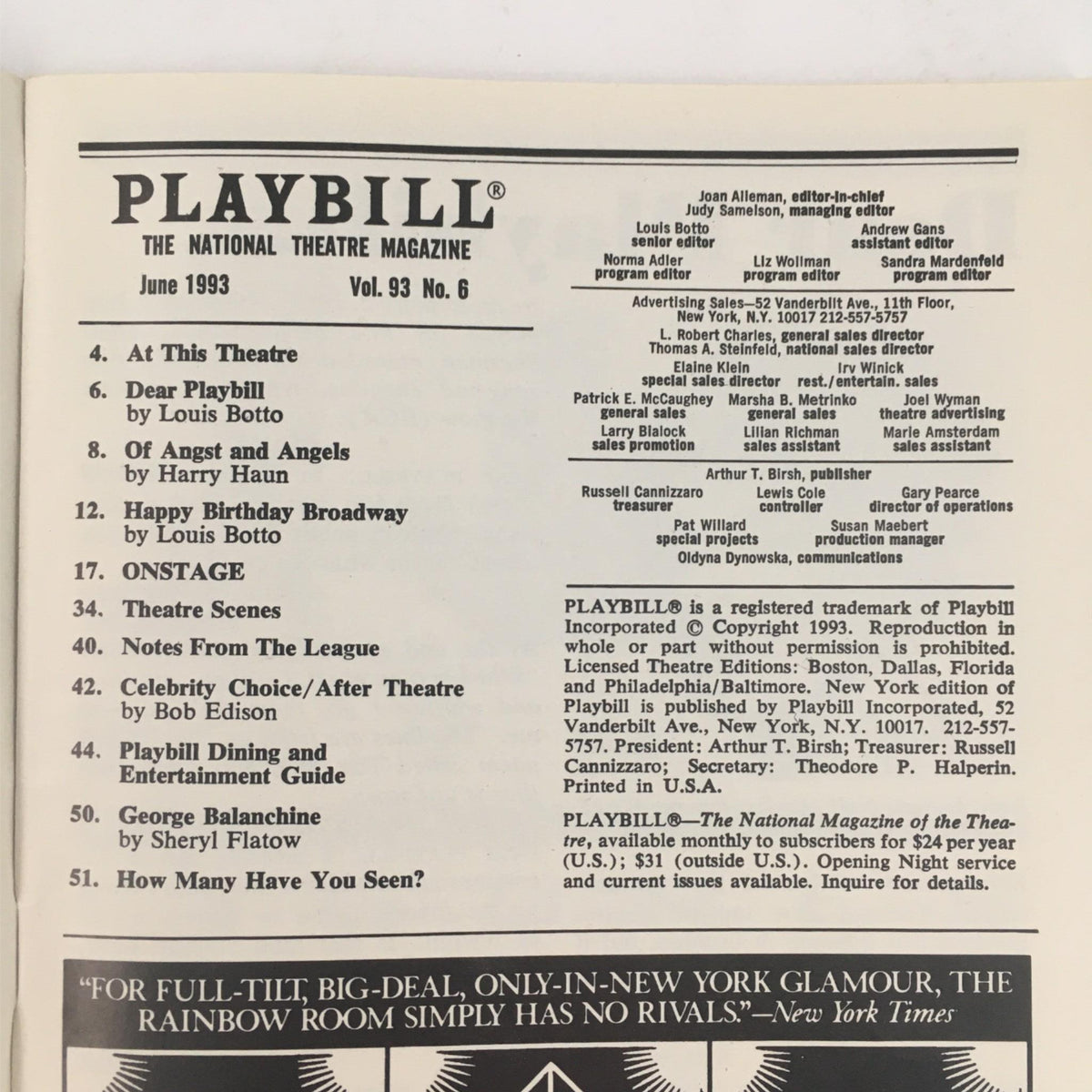 Inside page of the June 1993 Playbill for Angels in America, showcasing the table of contents and magazine details.