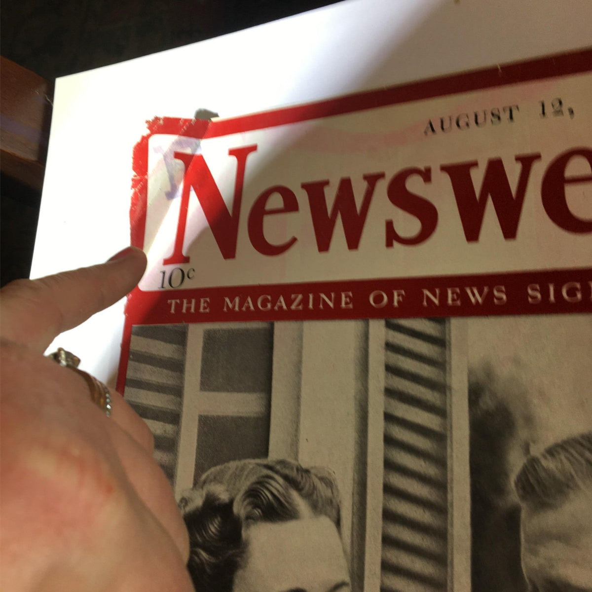 Another angle of the top corner of Newsweek Magazine August 12, 1940, highlighting the magazine's age and condition.