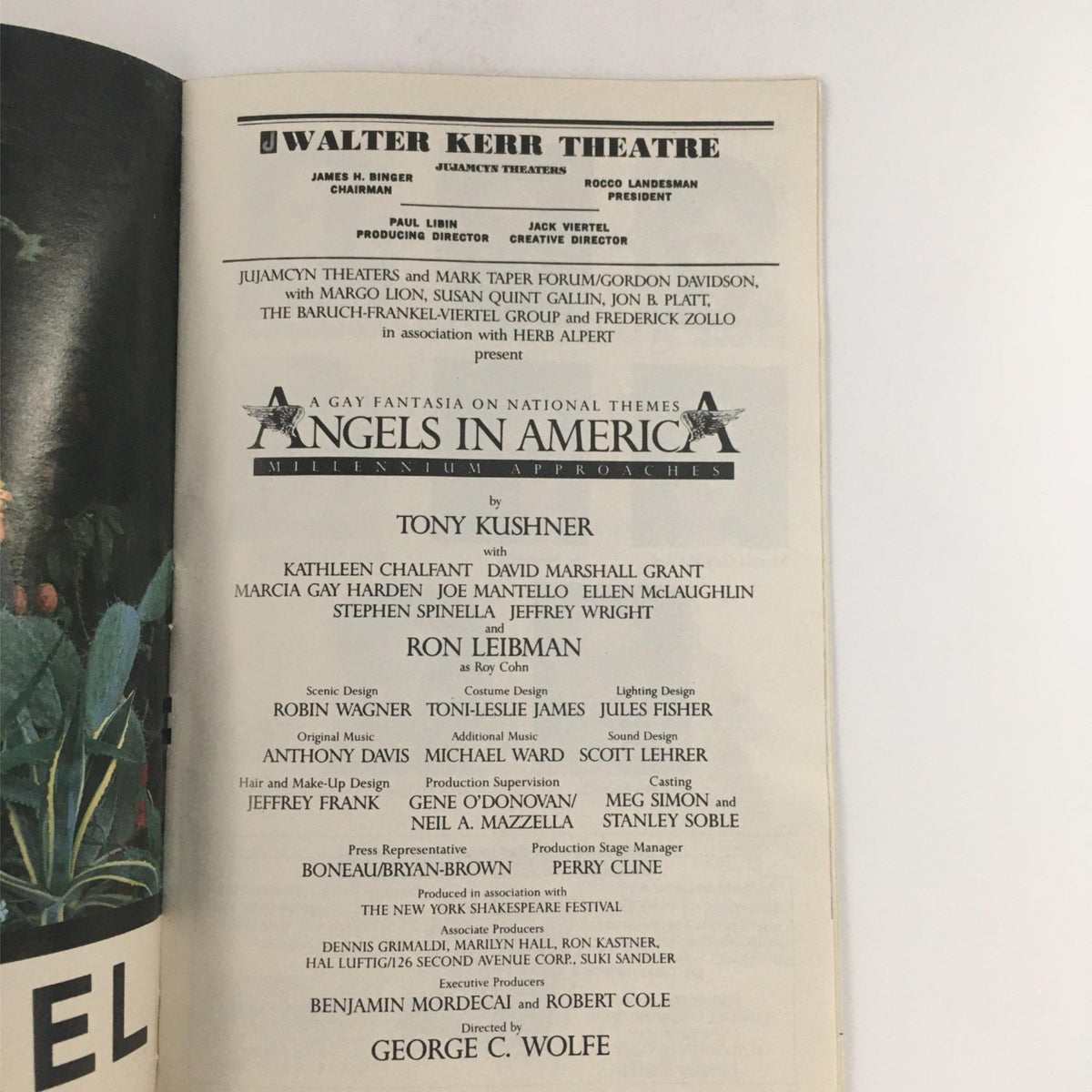Credits page from the 1993 Playbill for Angels in America by Tony Kushner at Walter Kerr Theatre, listing the cast and creative team involved in the production.