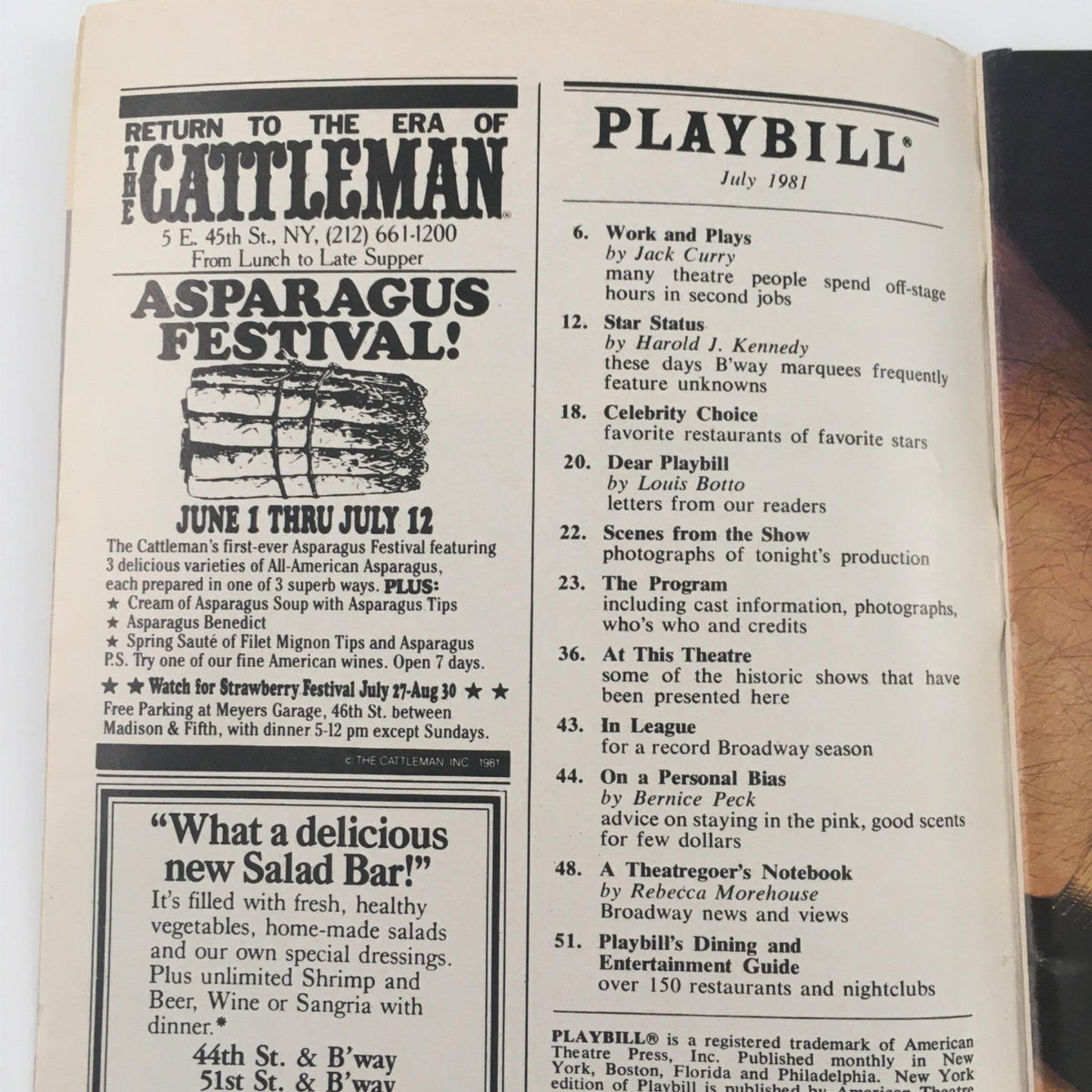 Inside page of the 1981 Playbill for A Day in Hollywood A Night in the Ukraine, displaying advertisements and features from the era's theater productions.