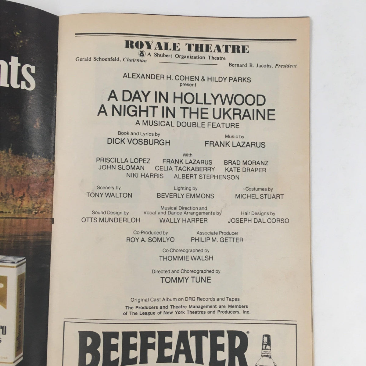 Another inside page of the 1981 Playbill for A Day in Hollywood A Night in the Ukraine, listing the cast and creative team, emphasizing the involvement of Tommy Tune.