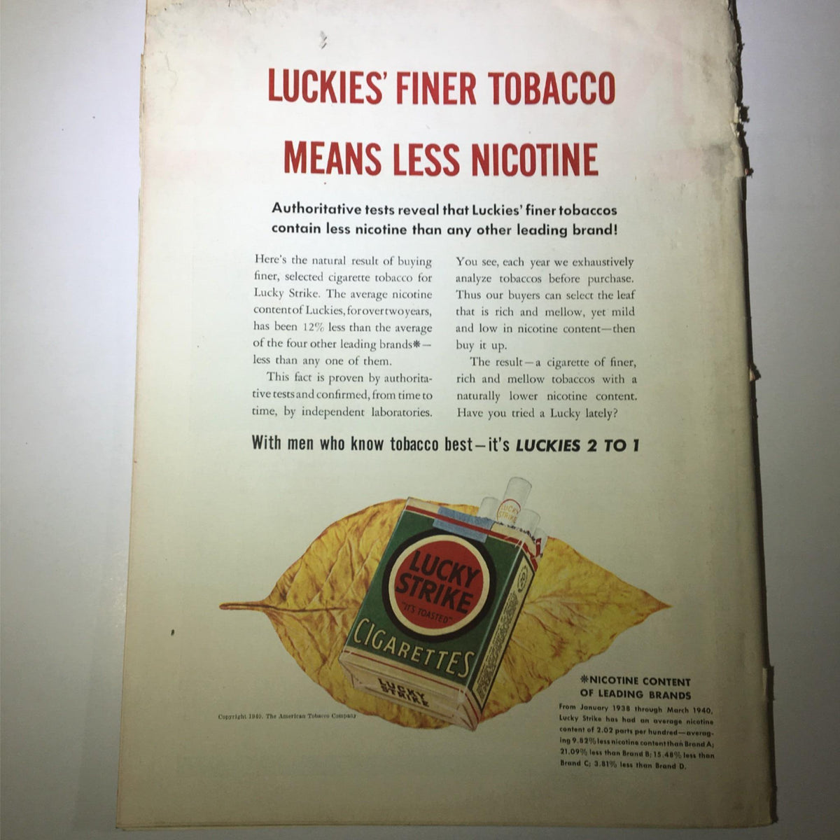 Back cover of the July 15, 1940 issue of Newsweek Magazine featuring an advertisement for Lucky Strike cigarettes.