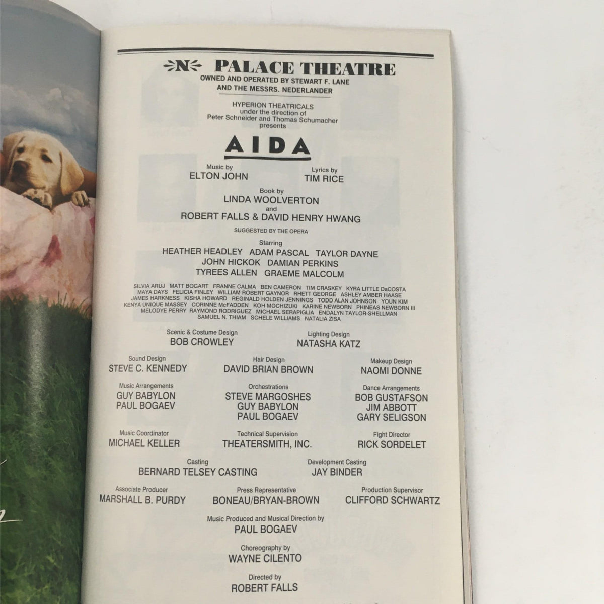 2001 Playbill Aida by Robert Falls, Elton John, Tim Rice at Palace Theatre, showcasing the cast and creative team behind the musical Aida, including notable contributors.