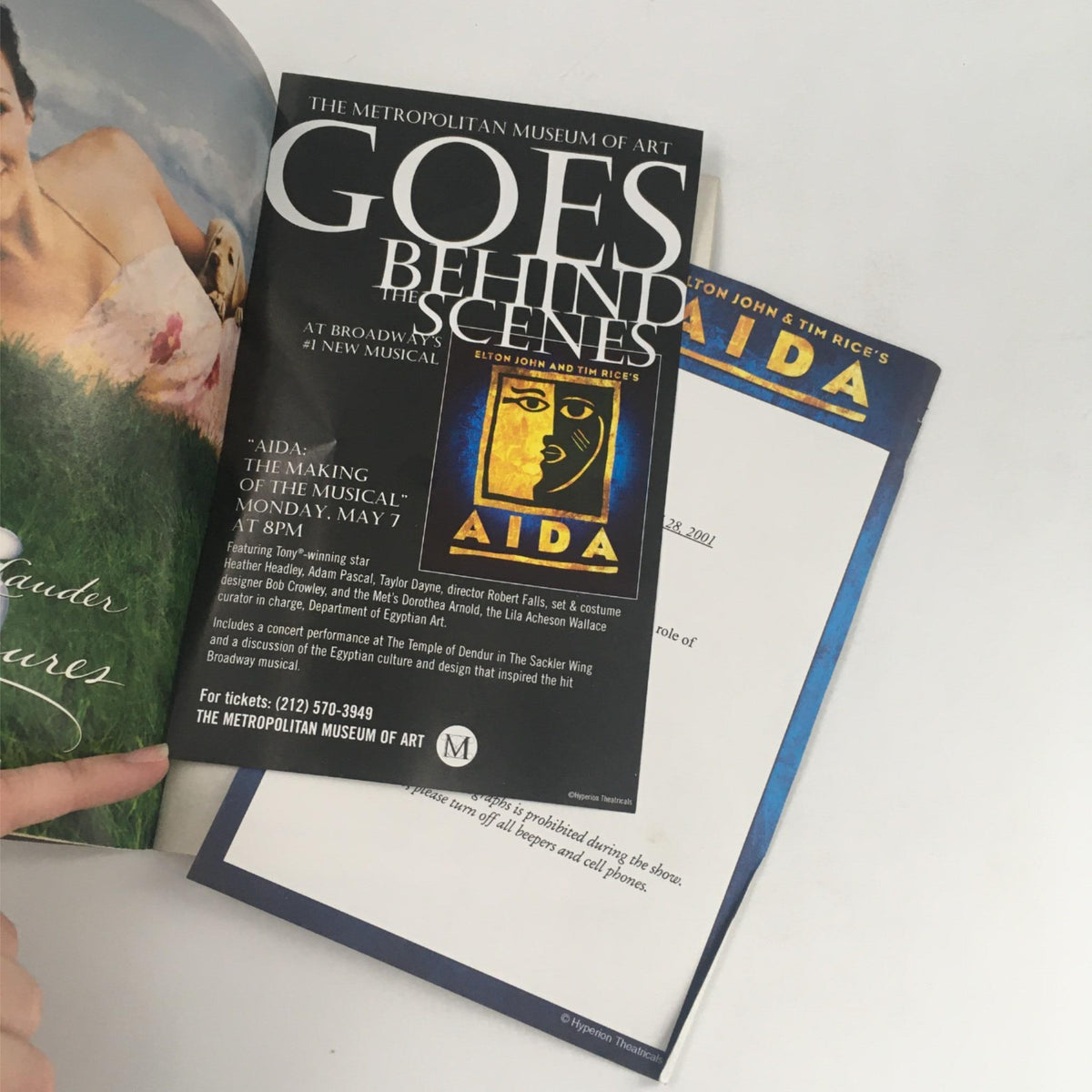 2001 Playbill Aida by Robert Falls, Elton John, Tim Rice at Palace Theatre, featuring a promotional insert for the Metropolitan Museum of Art event related to the Aida musical.