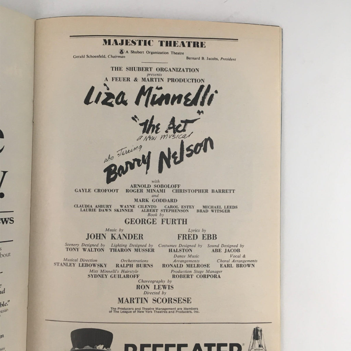 Second inside page of the 1977 Playbill for 'The Act', featuring cast and crew listings including Liza Minnelli and Martin Scorsese.
