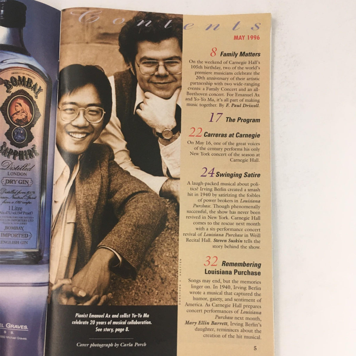 Contents page of the May 1996 Stagebill for Toshiba Philharmonic Orchestra at Carnegie Hall featuring photographs and highlighted articles.