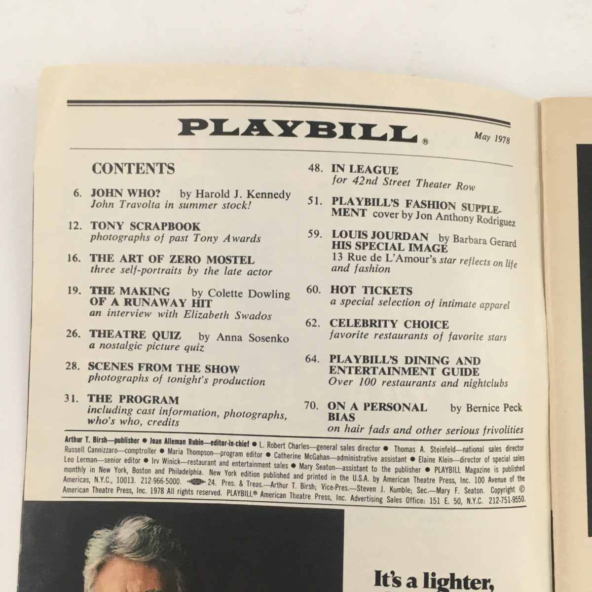 Inside May 1978 Playbill for Annie at Alvin Theatre, displaying the contents page with articles related to Broadway, including notables like John Travolta.