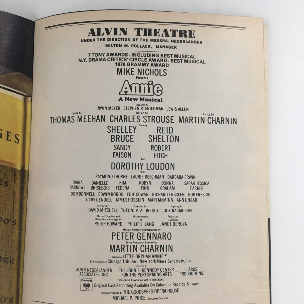 Page from the 1978 Playbill for Annie at Alvin Theatre listing the cast and crew of the musical, highlighting the creative team behind the production.