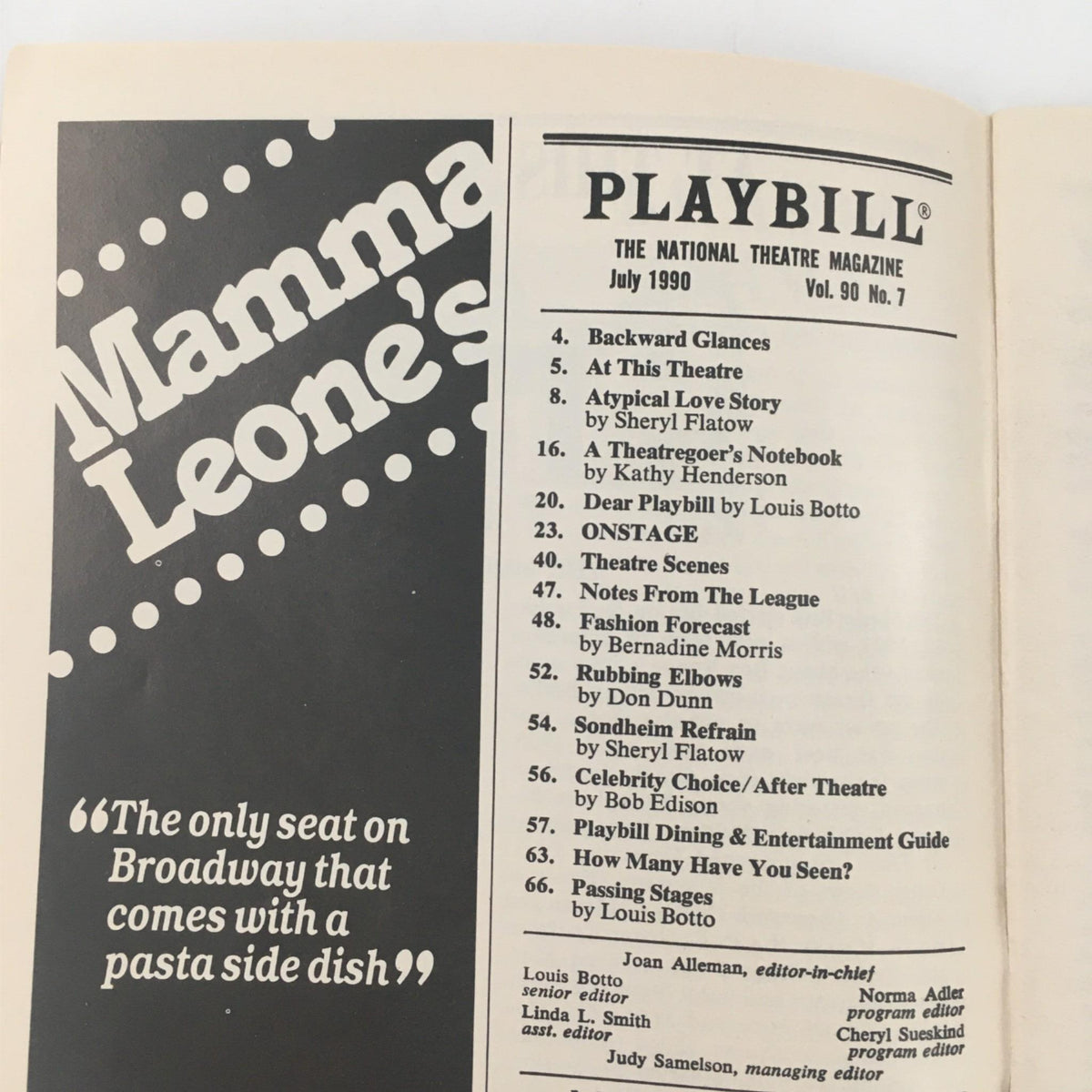 Inside page of the July 1990 Playbill showcasing contents including highlights from 'A Few Good Men' among other theater listings.