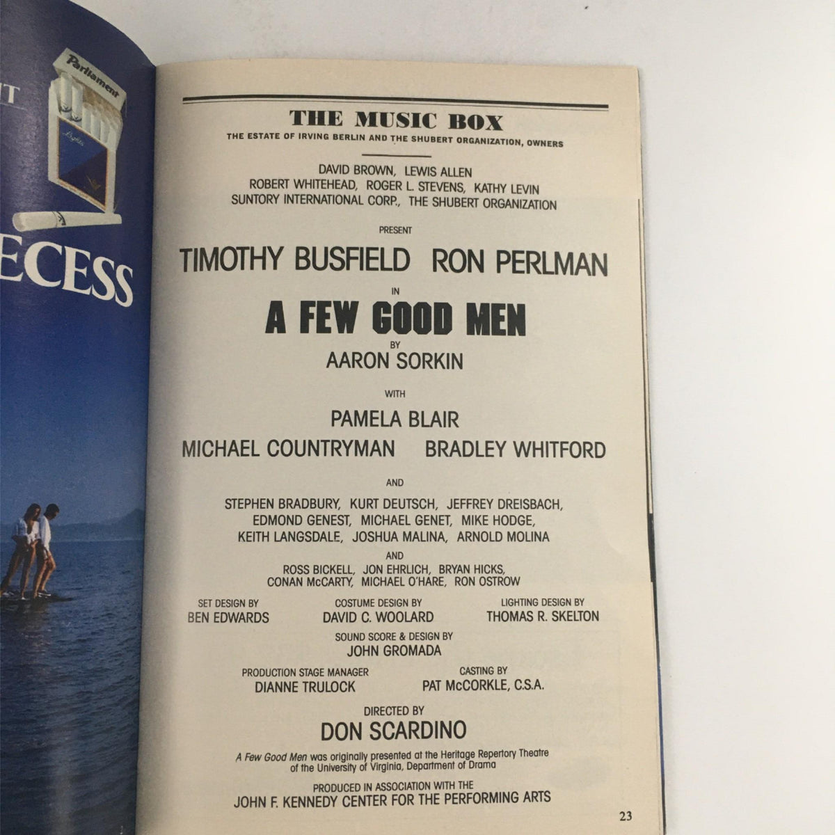 The cast page of the 1990 Playbill for 'A Few Good Men' featuring names of the performers and production details, directed by Don Scardino.