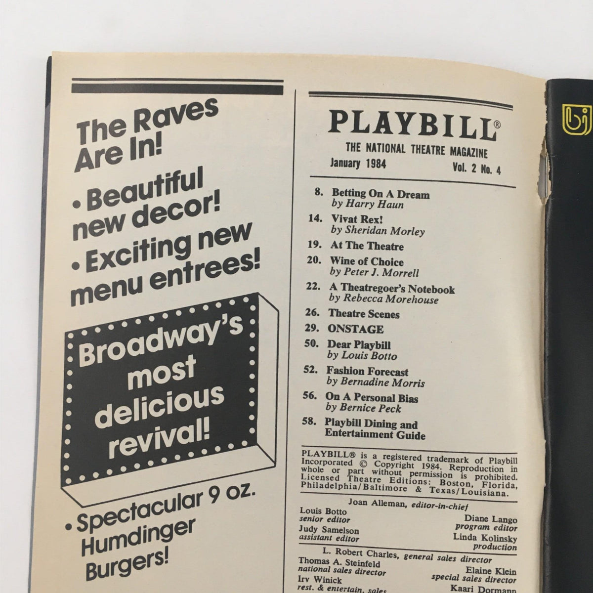 Inside cover of the 1984 Playbill for 'American Buffalo' by David Mamet featuring advertisements for Broadway and listed performances.