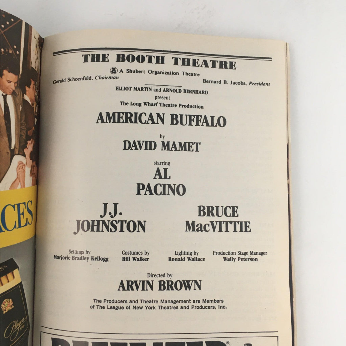 Opening page of the 1984 Playbill for 'American Buffalo' by David Mamet, highlighting the cast including Al Pacino and the production details.