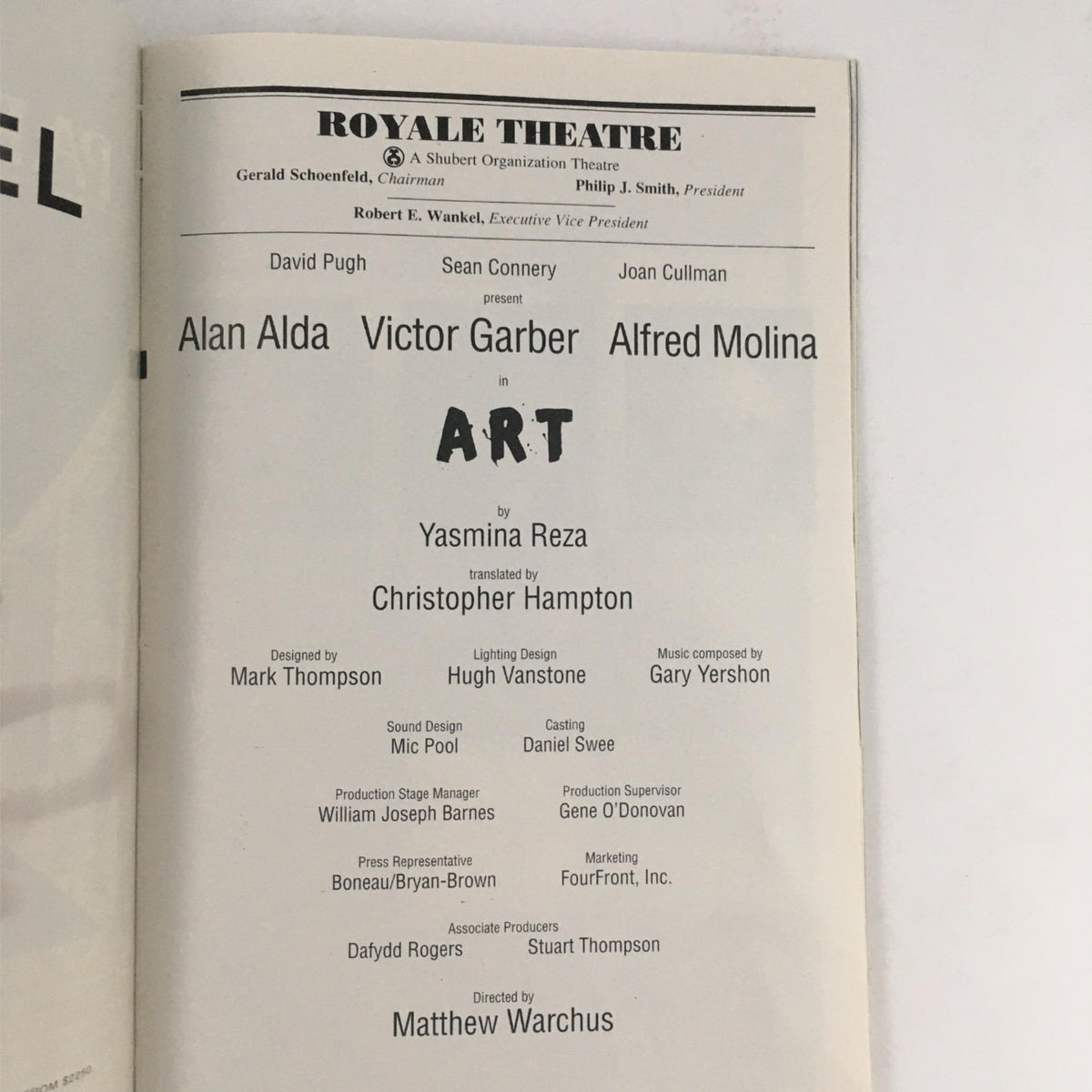 Royal Theatre page of the 1998 Playbill Art, displaying cast and crew details, an important element of the 1998 Playbill Art by Yasmina Reza.