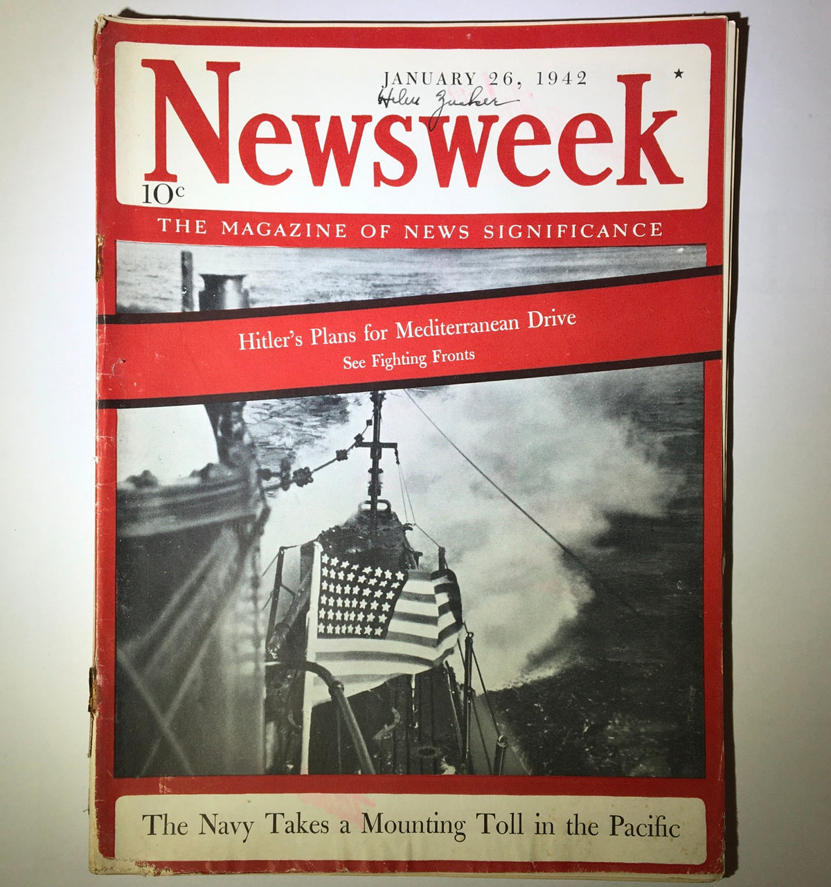 Vintage Newsweek Magazine cover from January 26, 1942, featuring the title 'The Navy Takes a Mounting Toll in the Pacific' with an image of a naval ship in action.