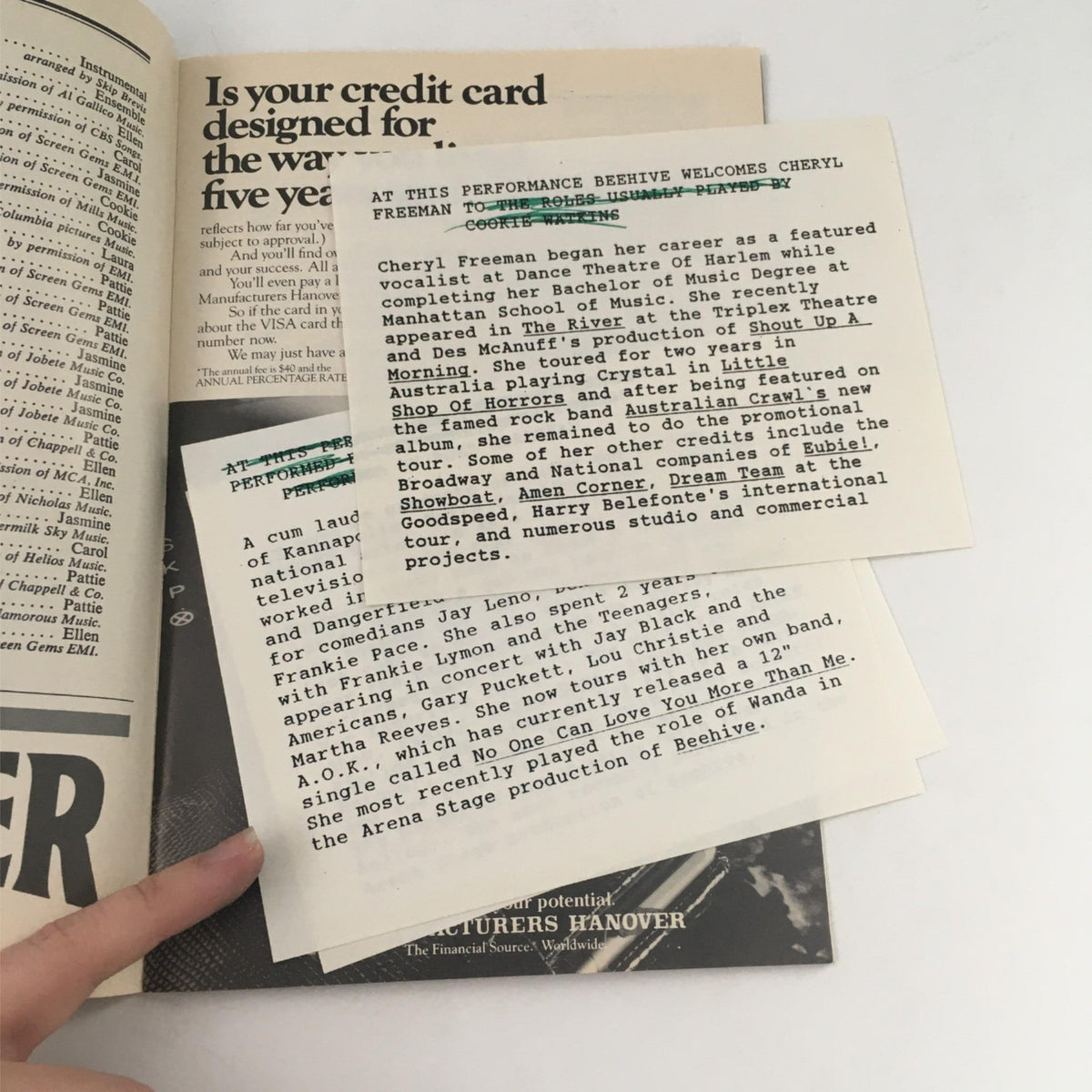 Additional information page from the 1986 Playbill for Beehive, featuring a spotlight on performer Cheryl Freeman and her background.