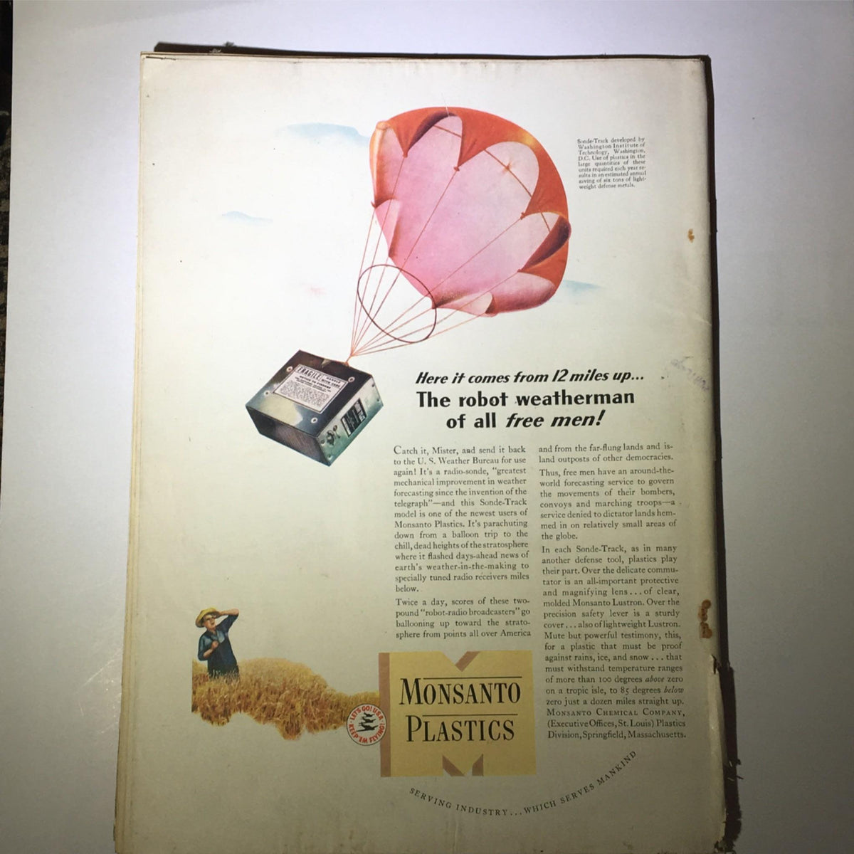 Back cover of Newsweek Magazine February 2, 1942, featuring an advertisement for Monsanto Plastics, showcasing vintage design and historical context.