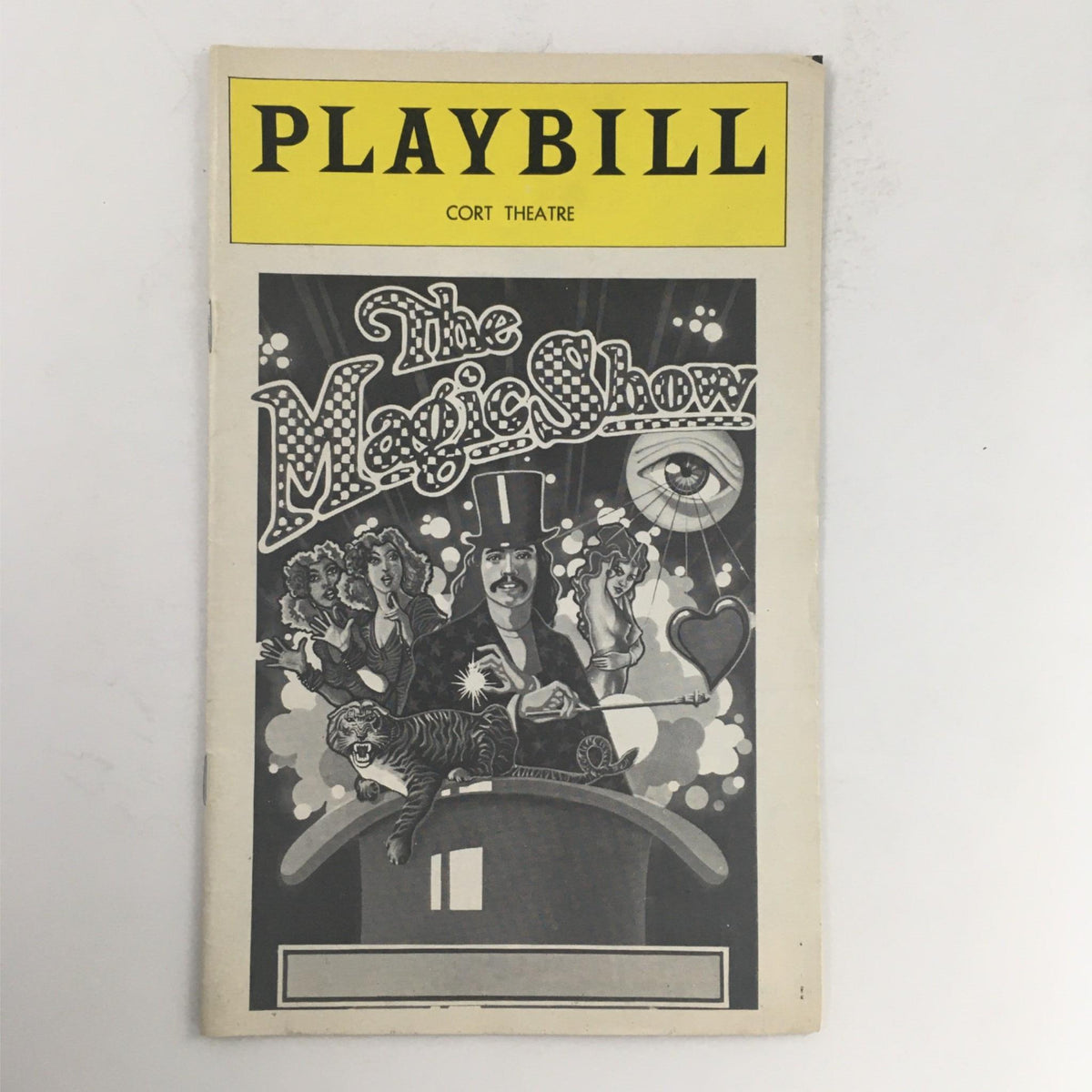 Cover of the 1977 The Magic Show by Joseph Abaldo and Grover Dale at Cort Theatre, featuring colorful illustrations and text highlighting the show.