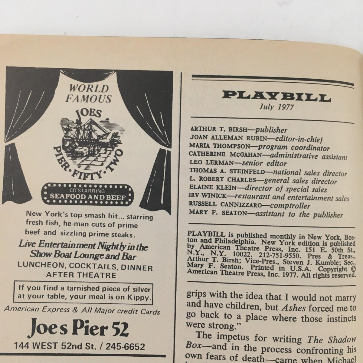Inside page of the 1977 The Magic Show playbill, featuring an advertisement for Jo's Pier 52 with details about dining and entertainment.