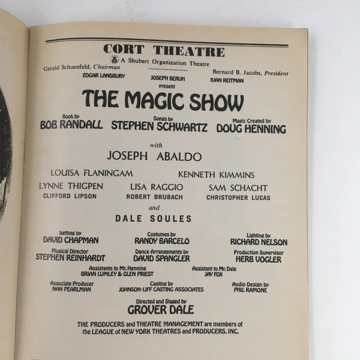 Page from the 1977 The Magic Show playbill showing cast and crew credits, including Grover Dale as director and Joseph Abaldo as the lead.