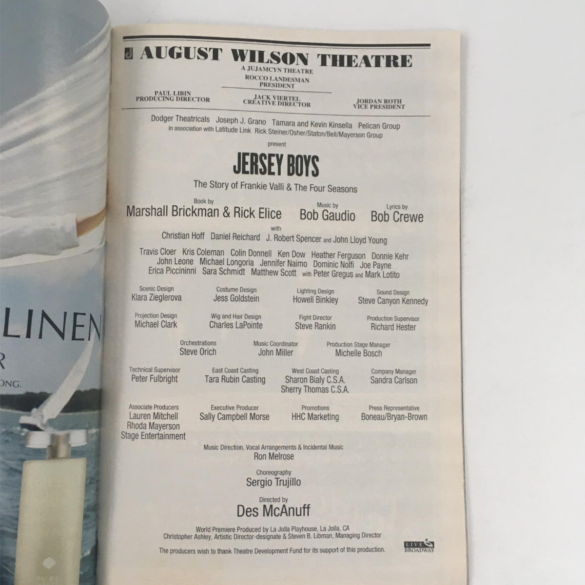 Cast and crew page from the 2007 Playbill for Jersey Boys, detailing the story of Frankie Valli and the Four Seasons along with production credits and artistic team.