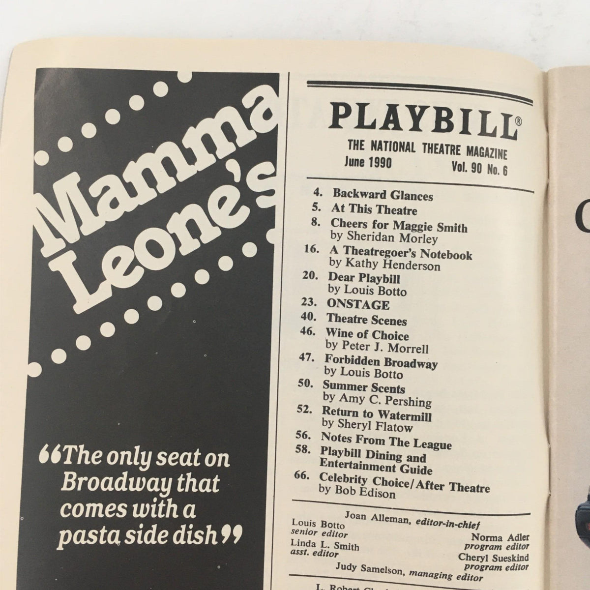 Inside page of the 1990 Playbill for Gypsy, featuring a Mamma Leona's advertisement and details about the National Theatre Magazine, providing a glimpse into the theatrical culture of that time.