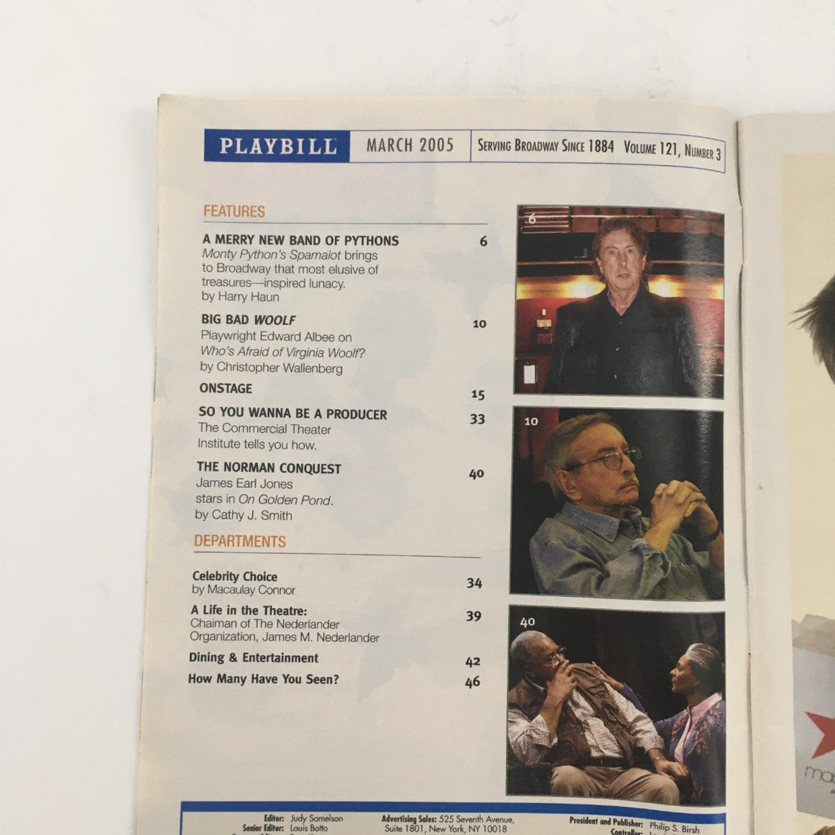 Inside page of the 2005 Playbill for Good Vibrations, showing the contents and features, including articles about other Broadway productions.