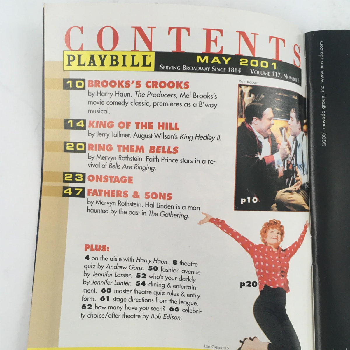 Contents page of the May 2001 Playbill, featuring listings from various Broadway productions including Crimes of the Heart.