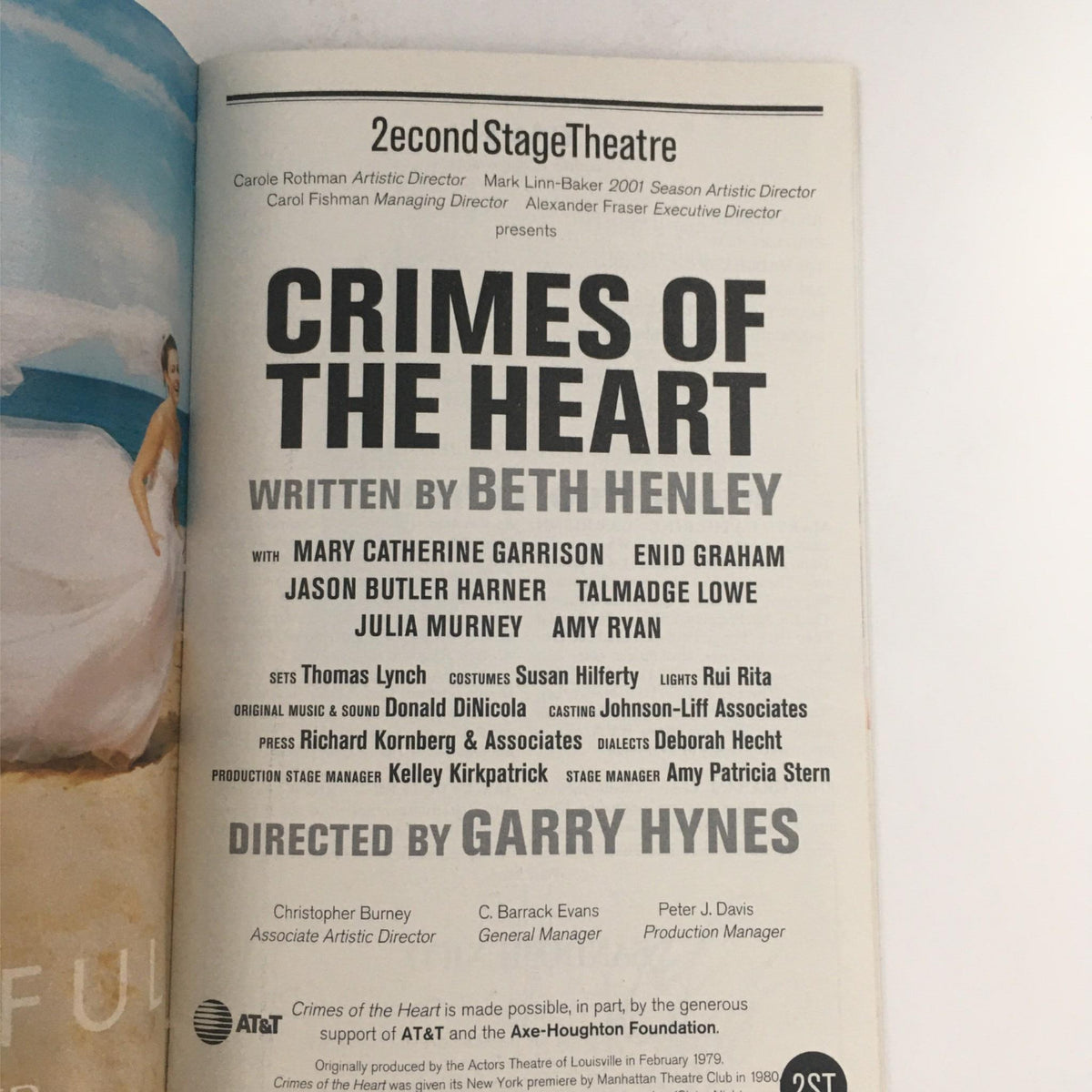 Credits page from the 2001 Playbill for Crimes of the Heart, detailing the cast and crew including writer Beth Henley and director Garry Hynes.