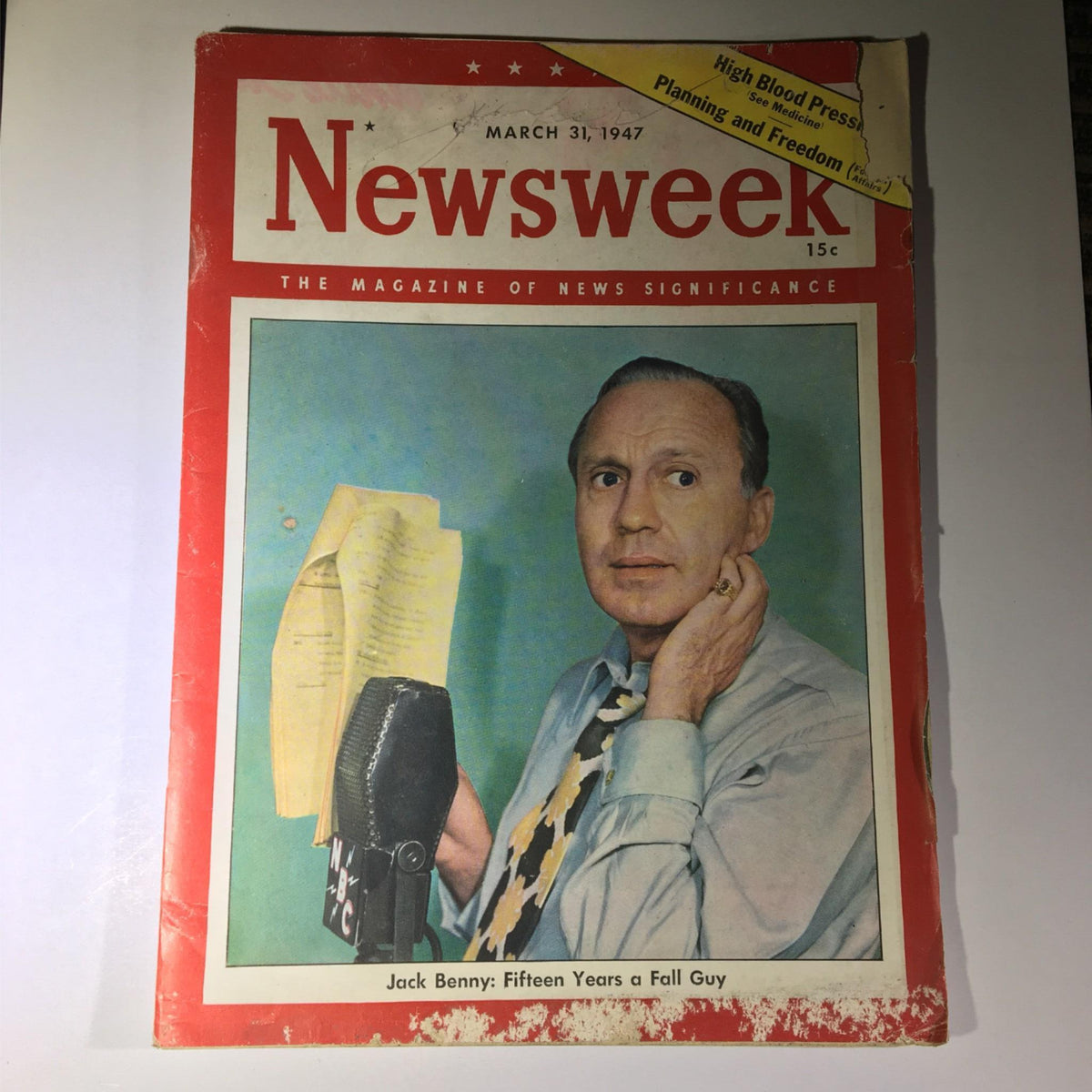 Cover image of Newsweek Magazine from March 31, 1947, featuring Jack Benny with the title 'Fifteen Years a Fall Guy', showcasing a vintage design and aged condition.