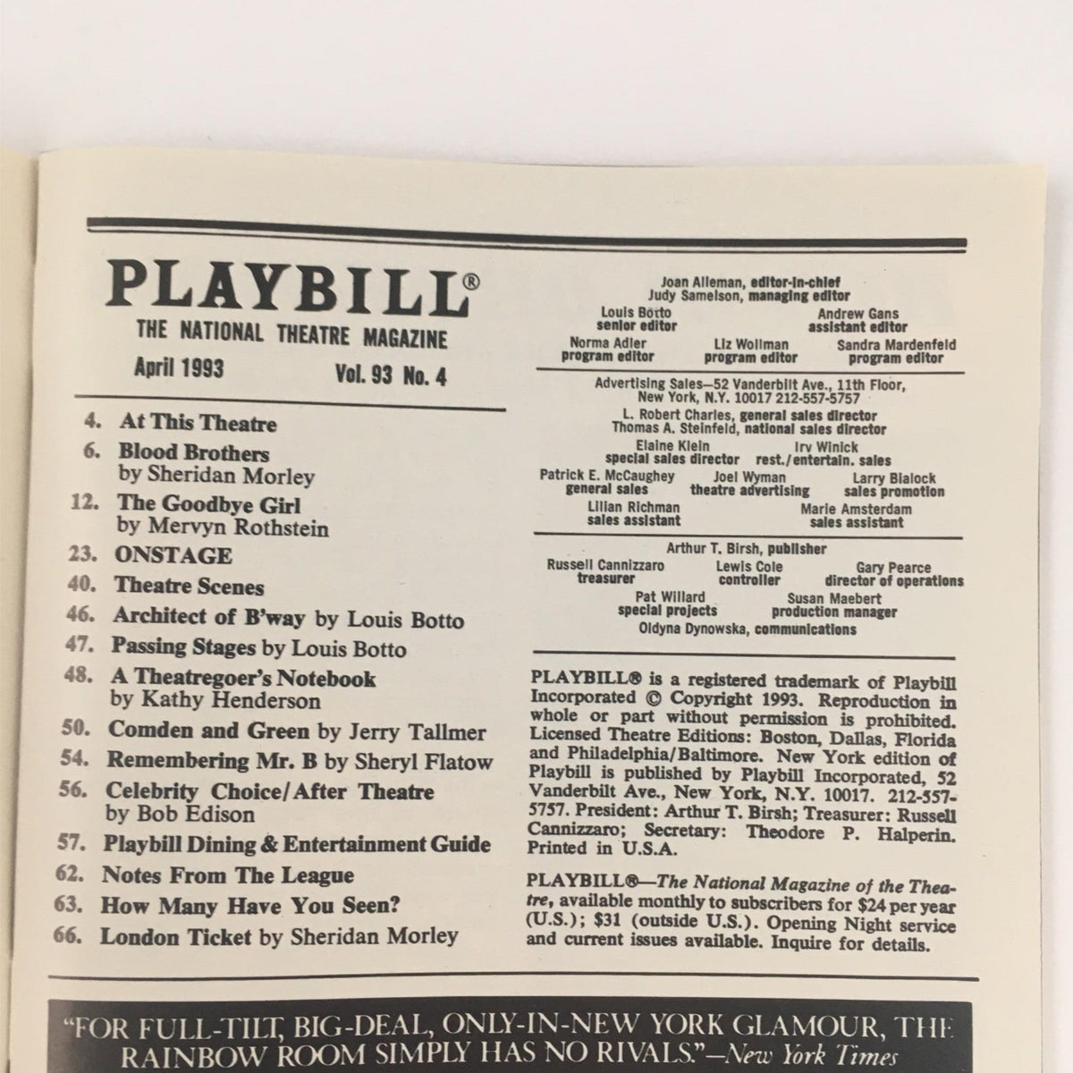 Playbill for the April 1993 edition featuring articles and highlights from the National Theatre Magazine, showcasing theatrical performances including Crazy For You.