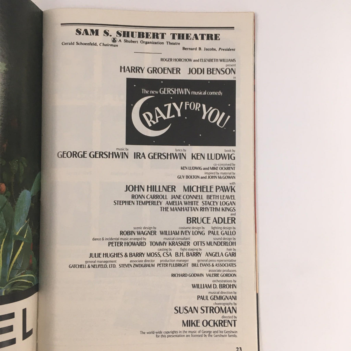 Inside page of the 1993 Playbill for Crazy For You, displaying cast members including George Gershwin and Ira Gershwin, indicating a vibrant Broadway production.