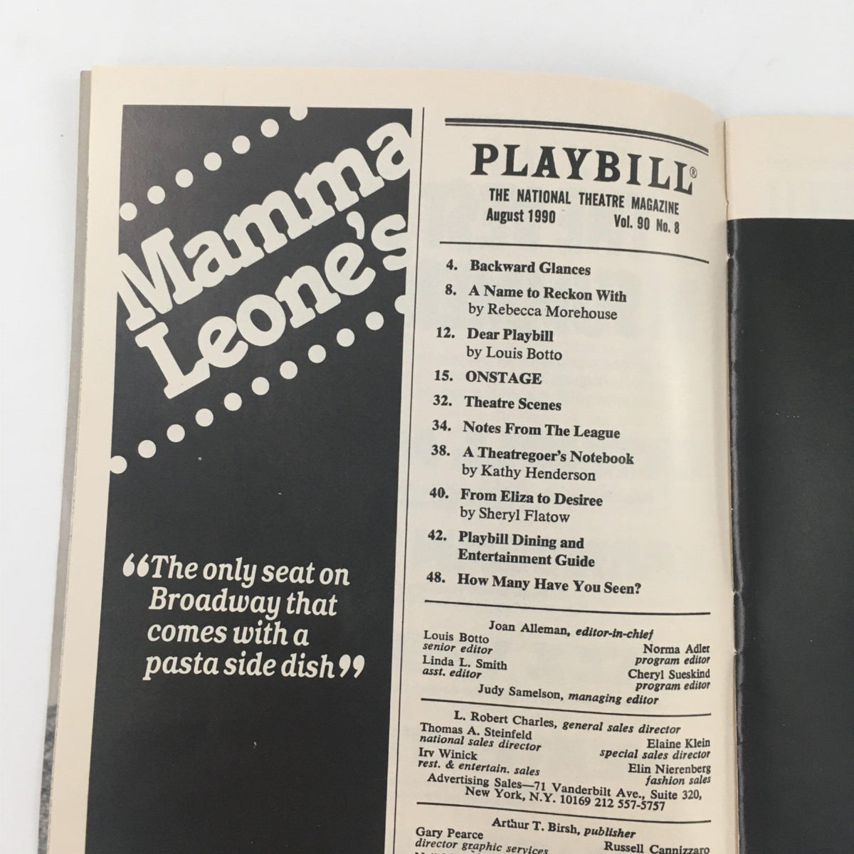Inside page of the 1990 Playbill for The Heidi Chronicles displaying the August 1980 edition of Mamma Leone's with a quote about Broadway.