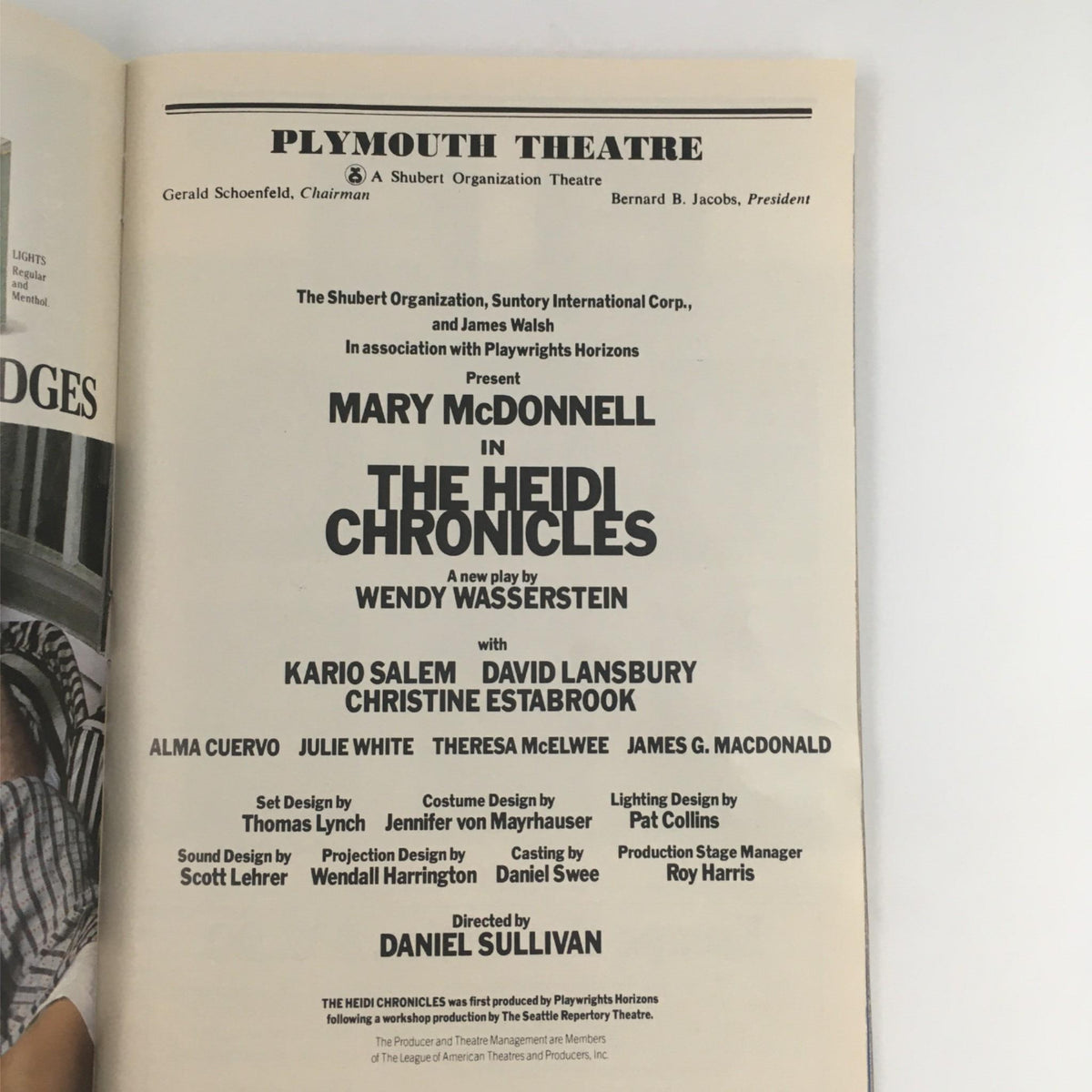1990 Playbill for The Heidi Chronicles by Wendy Wasserstein at Plymouth Theatre featuring production details and cast names, showcasing a memorable piece of Broadway history.