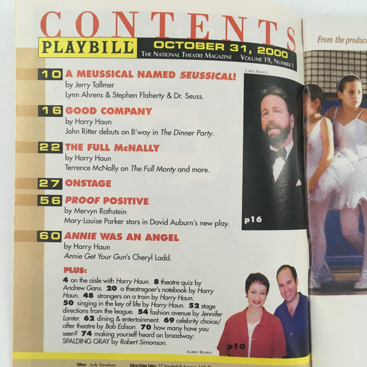 Contents page of the 2000 Playbill for 'Kiss Me, Kate', showcasing listings and articles from 'The National Theatre Magazine' dated October 31, 2000.