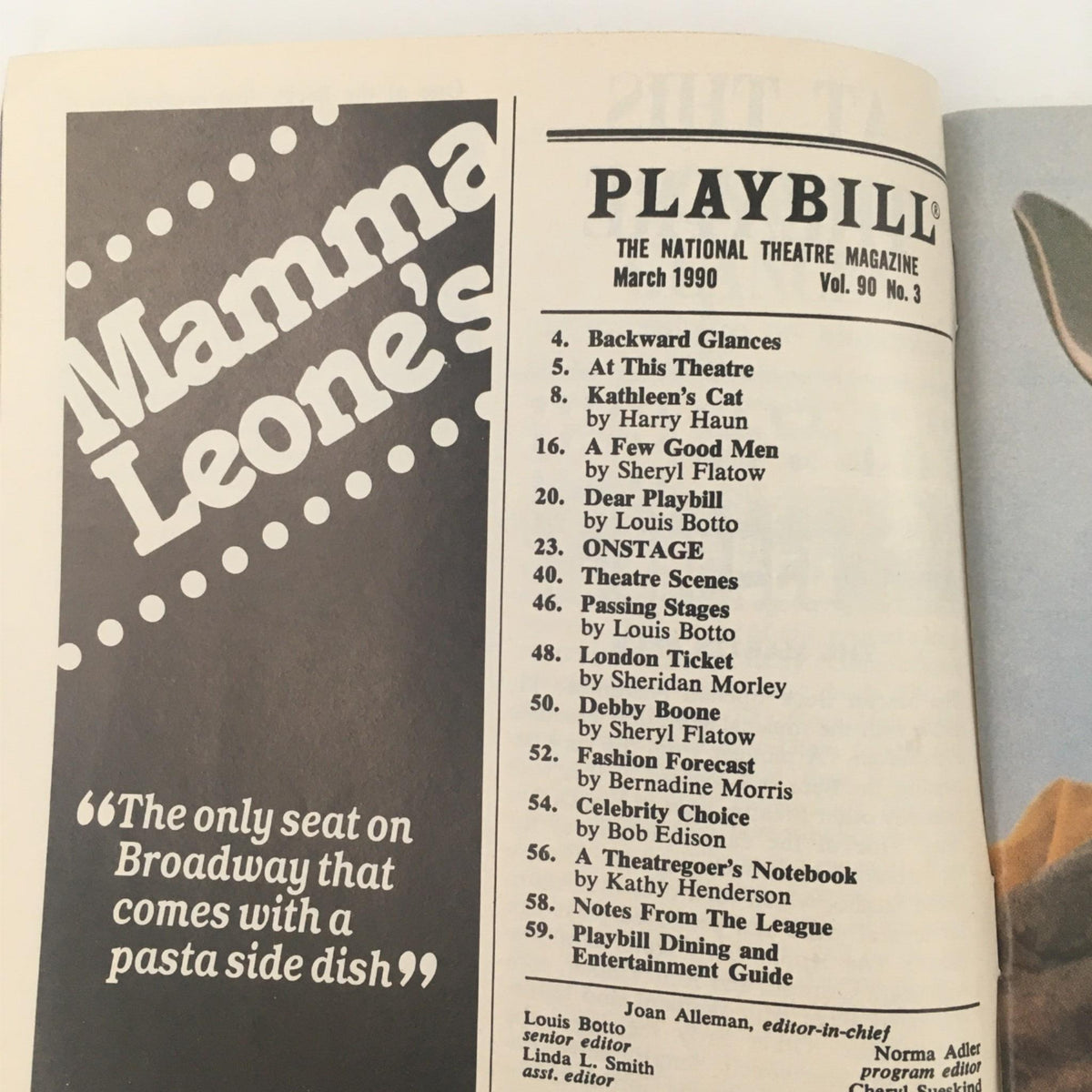 Inside page of the March 1990 Playbill featuring Mamma Leone's with a quote, highlighting the mix of theatrical offerings of the time.
