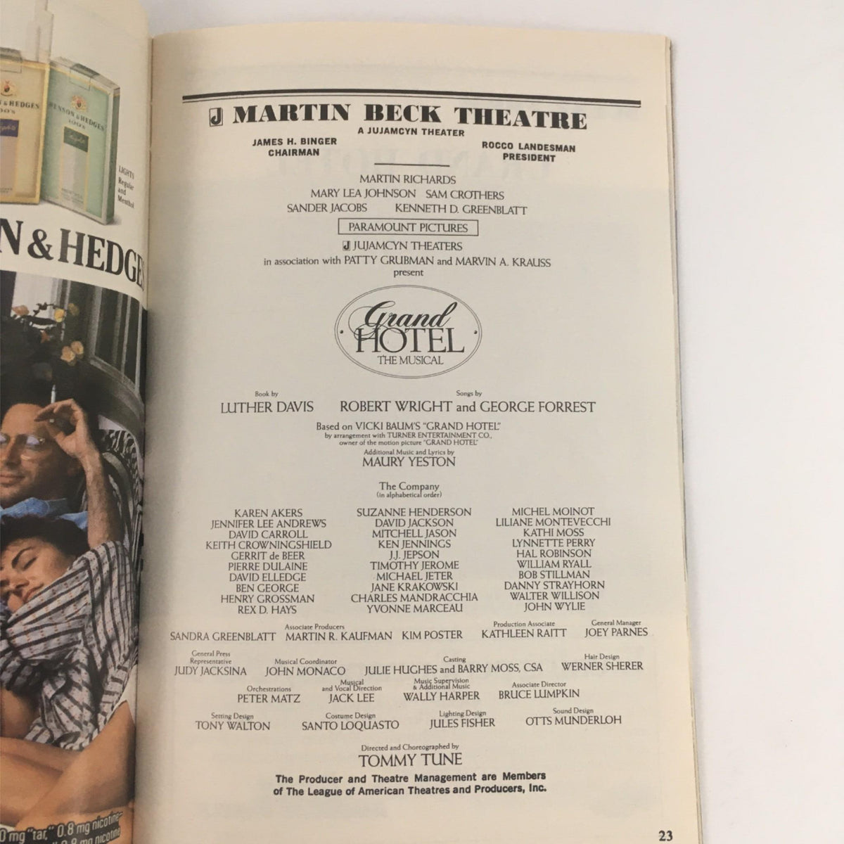 A page from the 1990 Playbill for Grand Hotel: The Musical listing the cast and creative team associated with the production at Martin Beck Theatre.