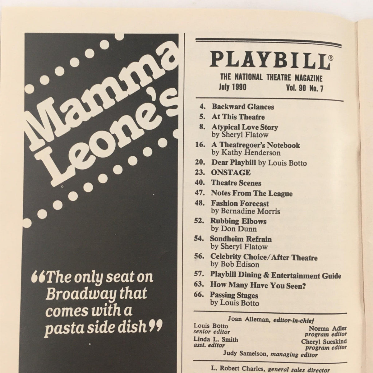 Inside page of the 1990 Playbill for A Few Good Men, showcasing the magazine's contents list alongside an advertisement for Mamma Leone's restaurant.