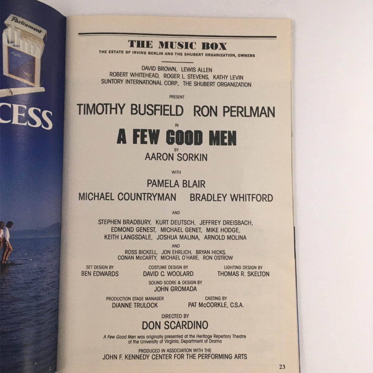 Cast and crew listing from the 1990 Playbill for A Few Good Men, detailing the names of actors and production team, highlighting the collaboration of Aaron Sorkin and director Don Scardino.