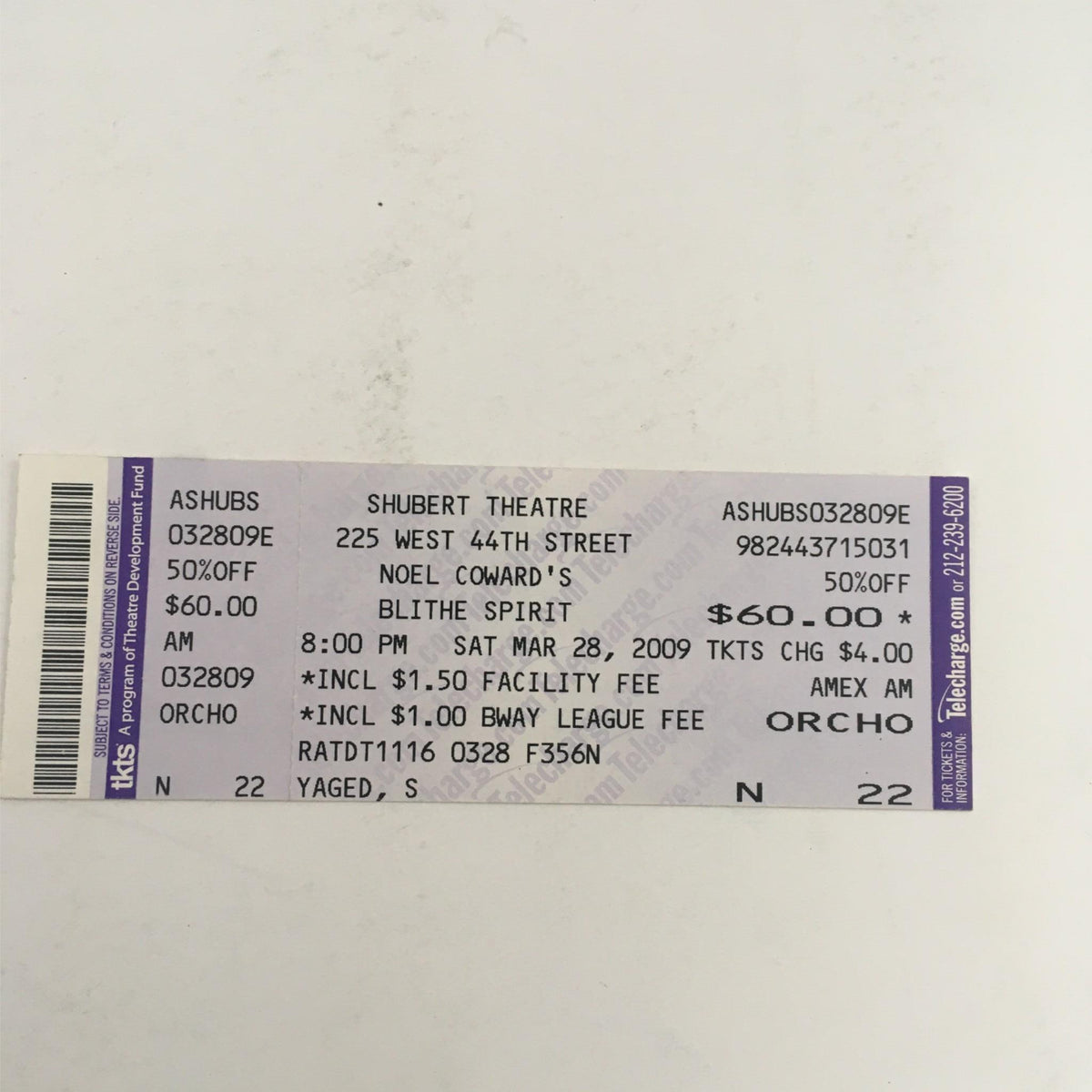 2009 Playbill Blithe Spirit ticket featuring details on the performance at Shubert Theatre, priced at $60 with facility and league fees.