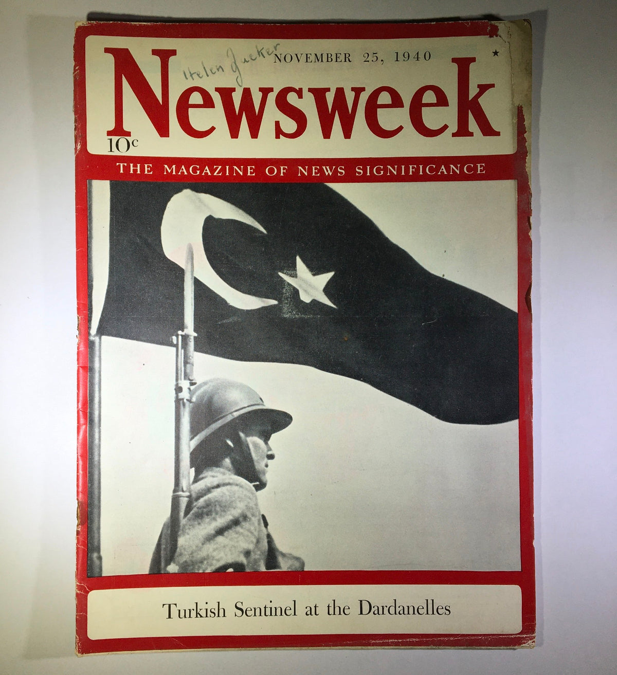 Cover of Newsweek Magazine dated November 25, 1940 featuring the title 'Turkish Sentinel at the Dardanelles' with an image of a soldier and Turkish flag.