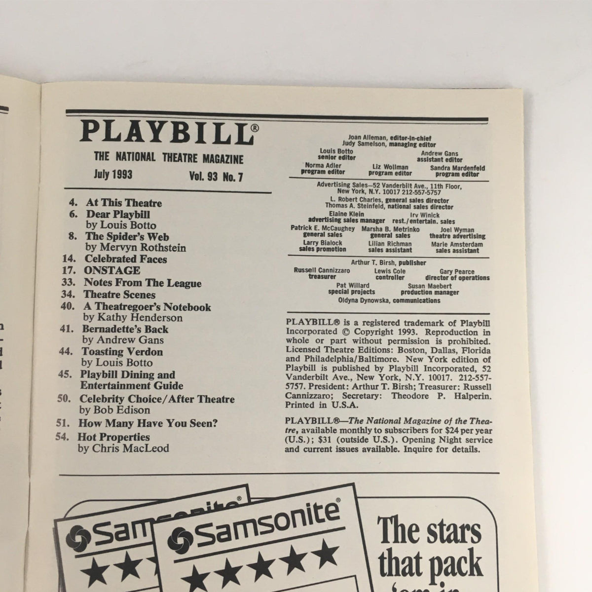 Inside page of the 1993 Playbill for Blood Brothers, listing cast details and production information from July 1993, showcasing the vintage layout of theatrical programs.
