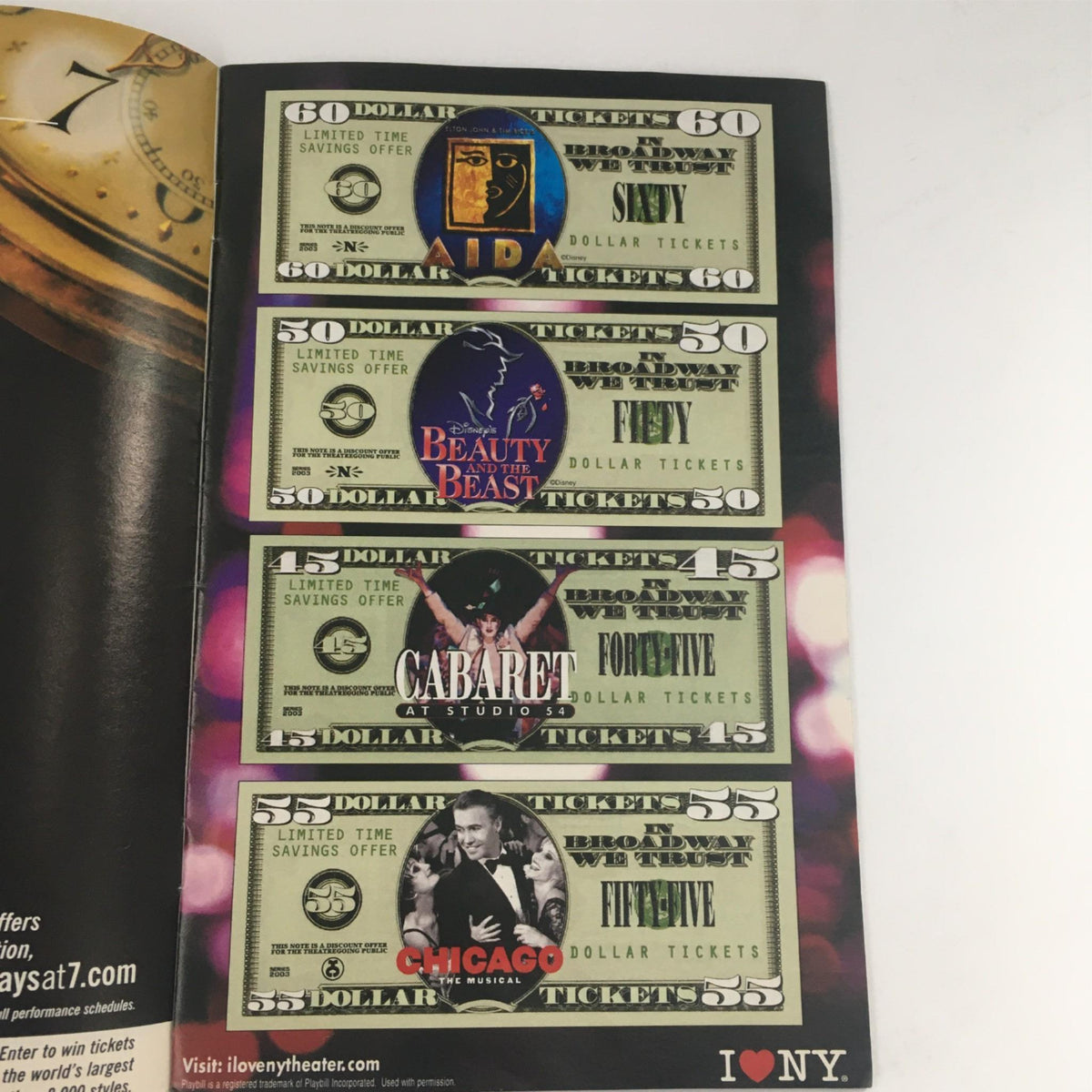 Playbill Season of Savings! Broadway's Best Deals Discount Tickets of 2003 showing discounted ticket prices for popular shows like Beauty and the Beast, Chicago, and Cabaret with visual dollar notes.