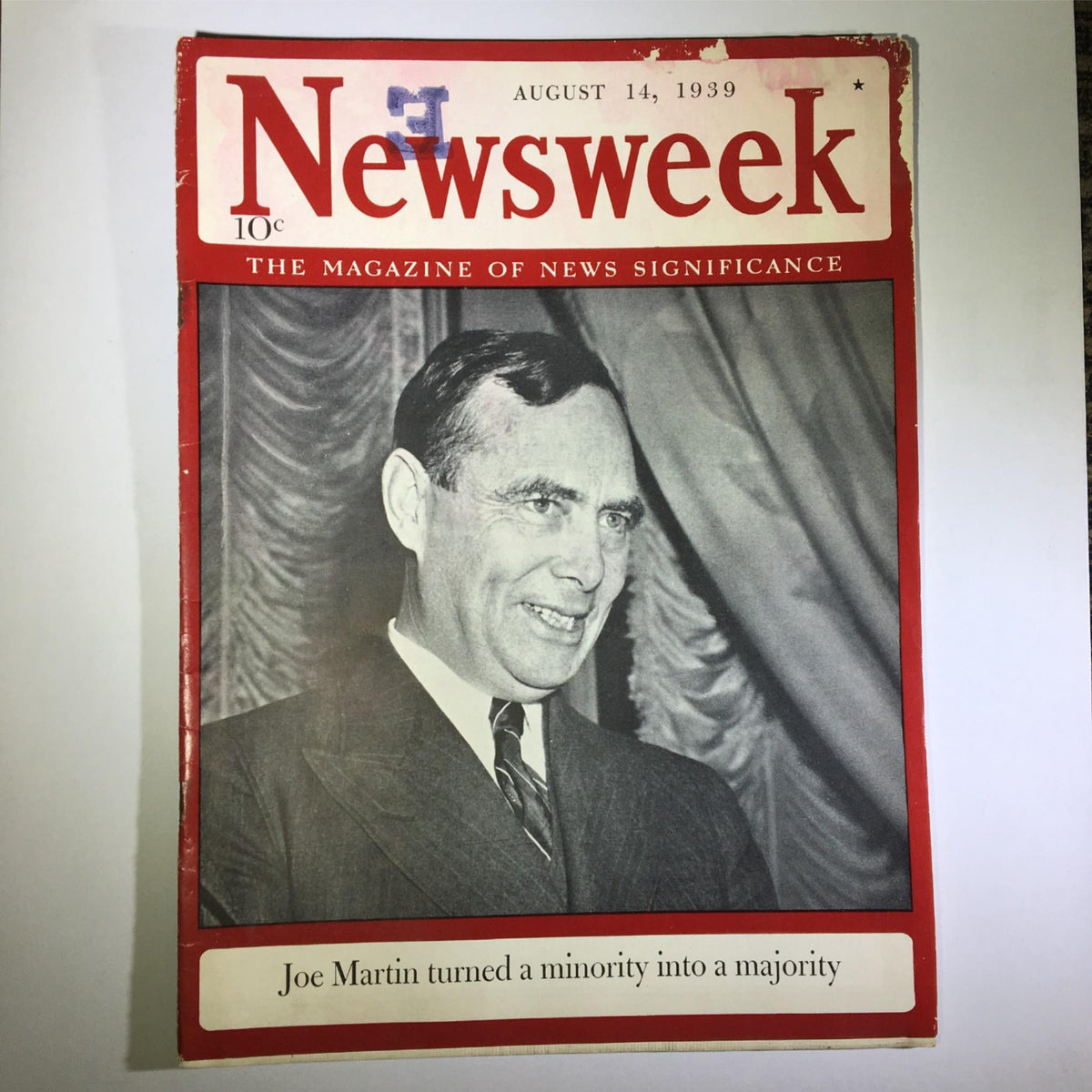 Cover of Newsweek Magazine dated August 14, 1939, featuring the headline about Joe Martin turning a minority into a majority.