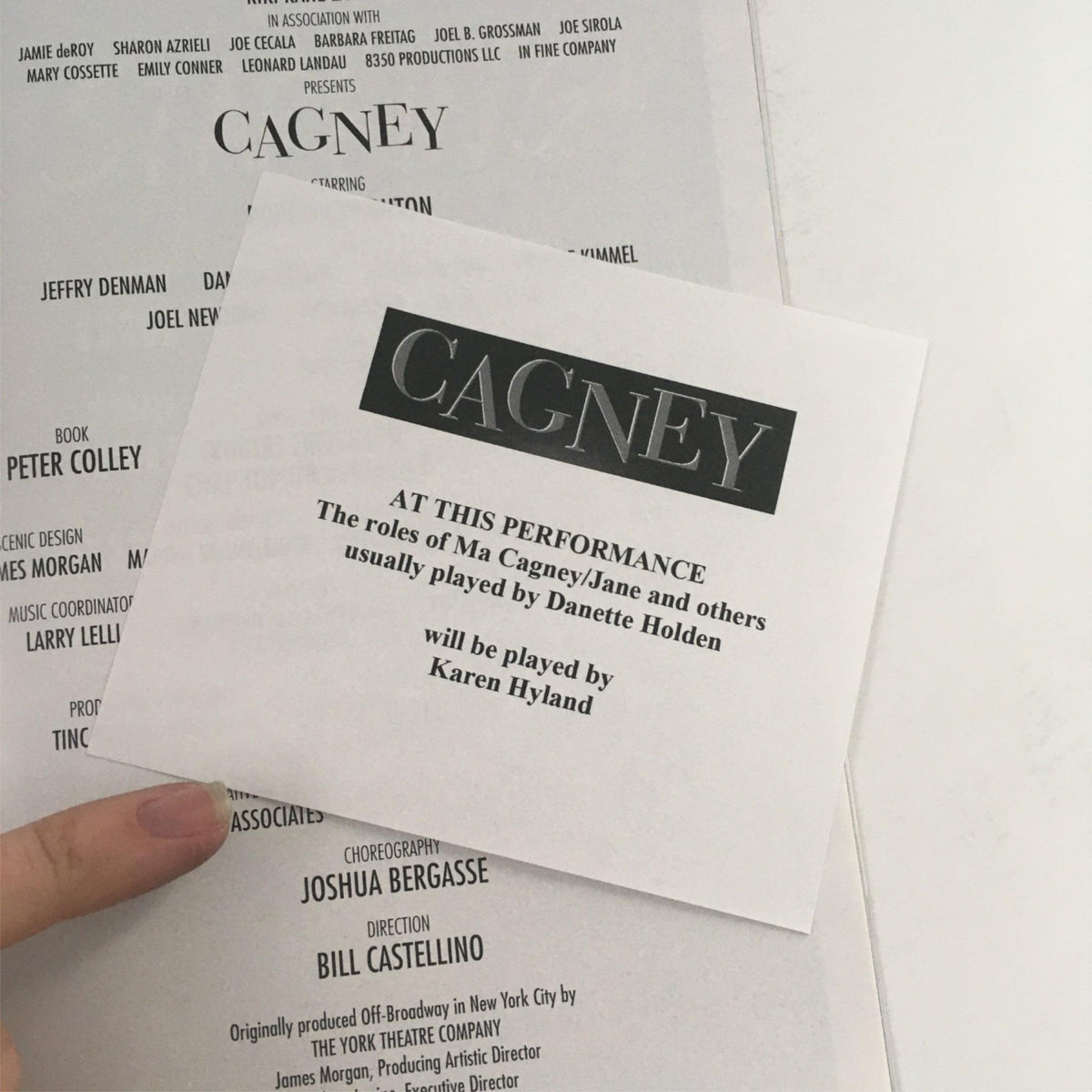 2016 Playbill Cagney by Bill Castellino, Robert Creighton at Westside Theatre, showcasing the roles of Ma Cagney and other characters usually played by Danette Holden, with an emphasis on performance details.
