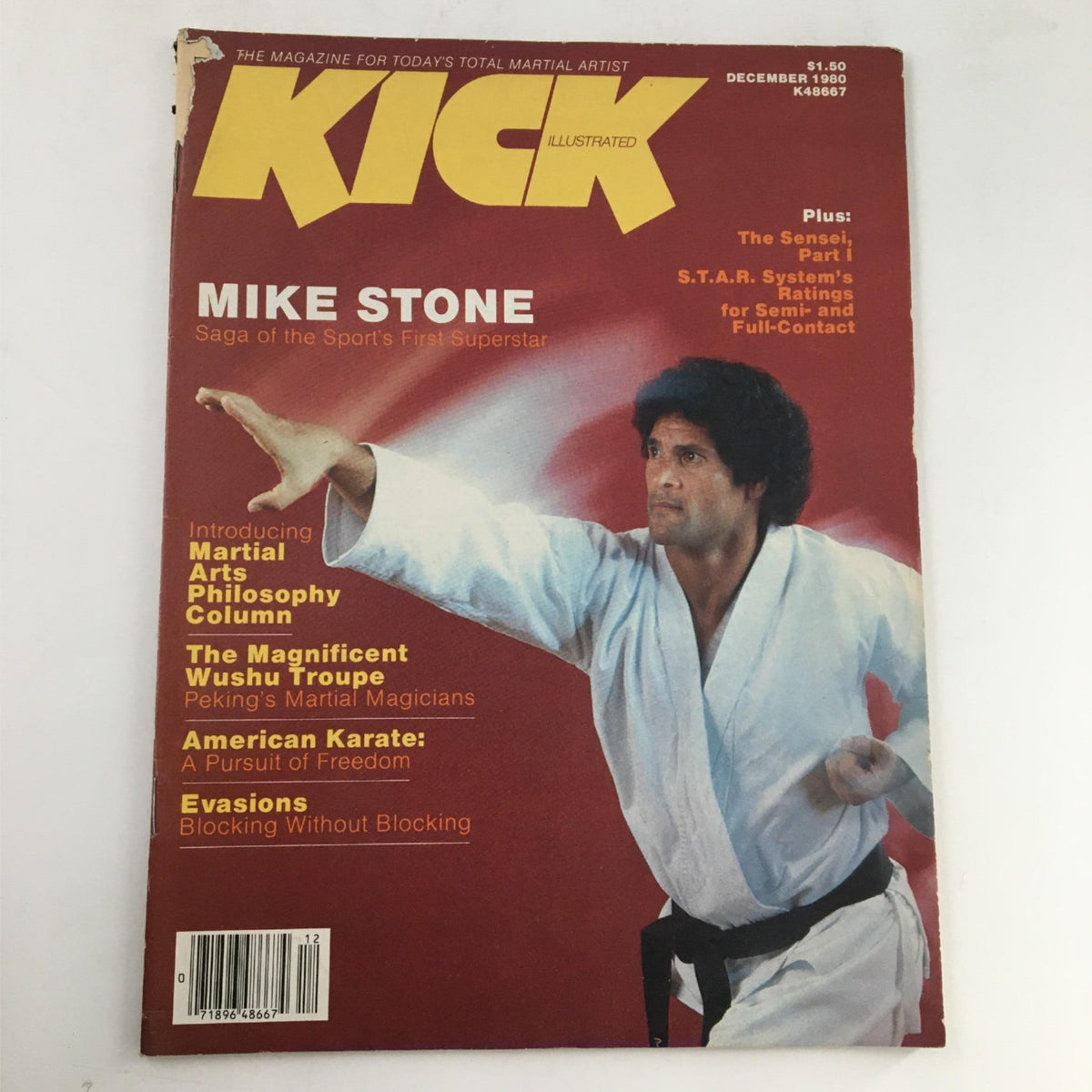 Kick Illustrated Magazine December 1980 featuring Mike Stone on the cover, showcasing martial arts themes and highlighting the culture of the time.